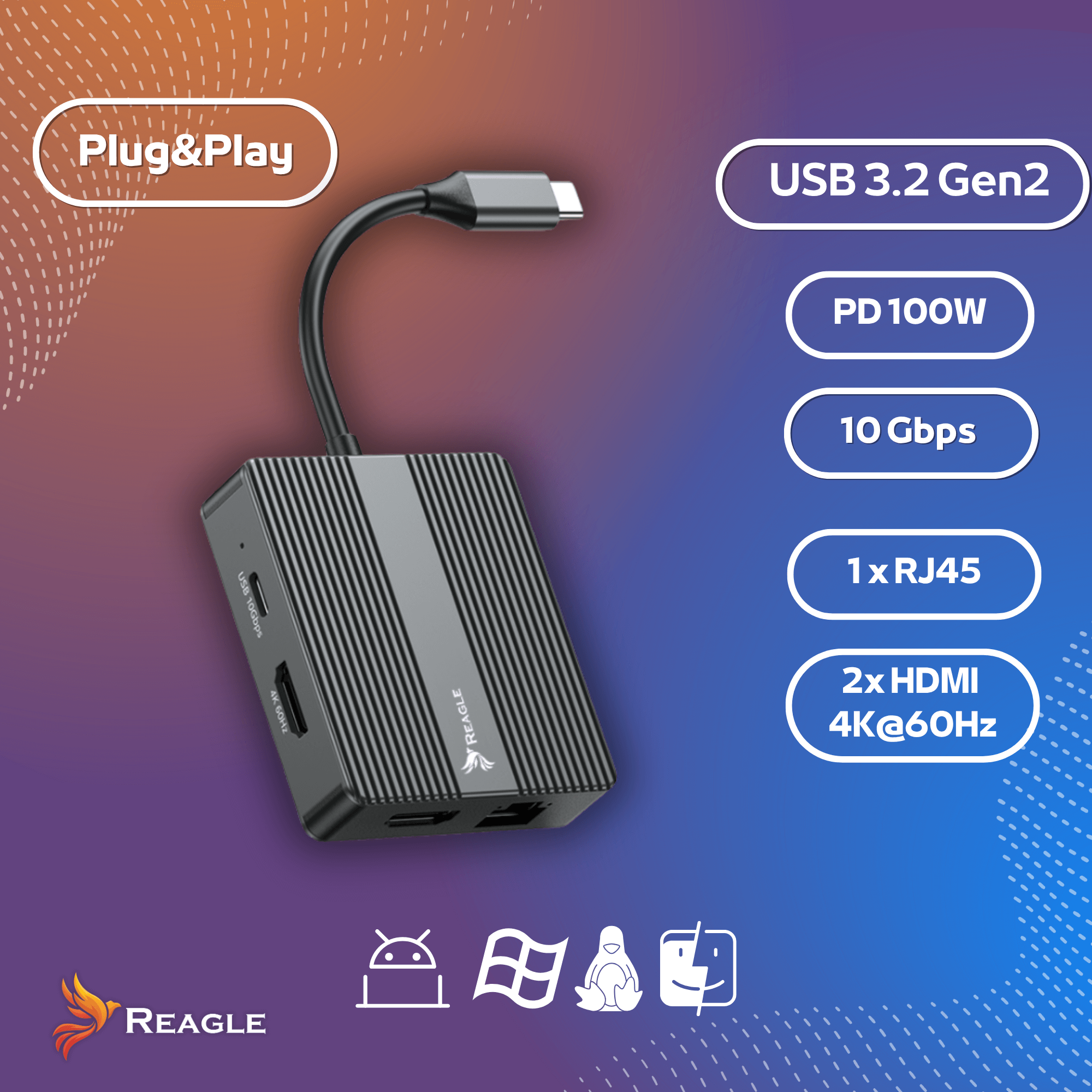 Czarny hub USB-C z etykietami takimi jak 'USB 3.2 Gen2' i '2x HDMI 4K@60Hz'. Marka to Reagle.