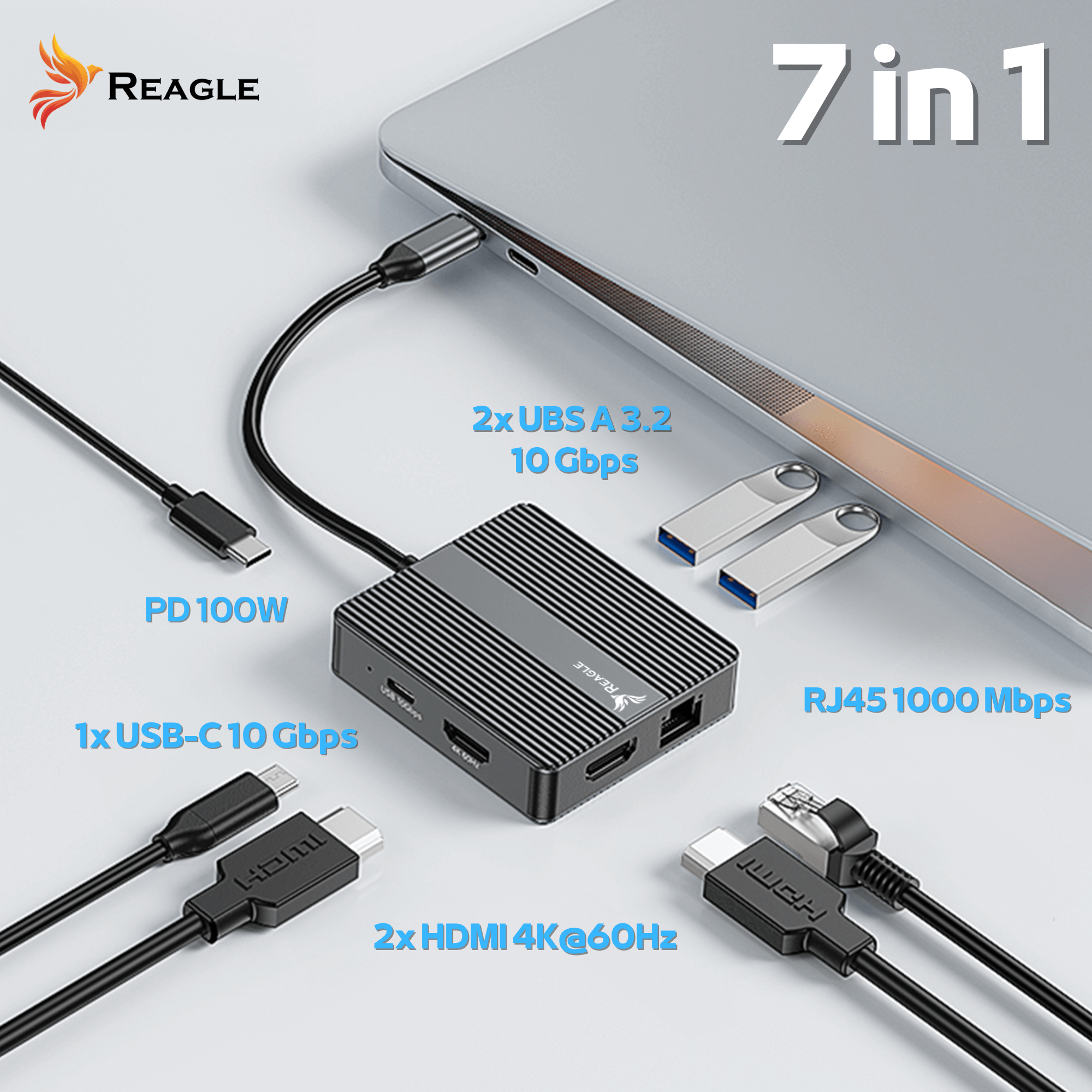 Czarny hub USB-C 7 w 1 z wieloma portami, w tym HDMI, USB i Ethernet, podłączony do laptopa.