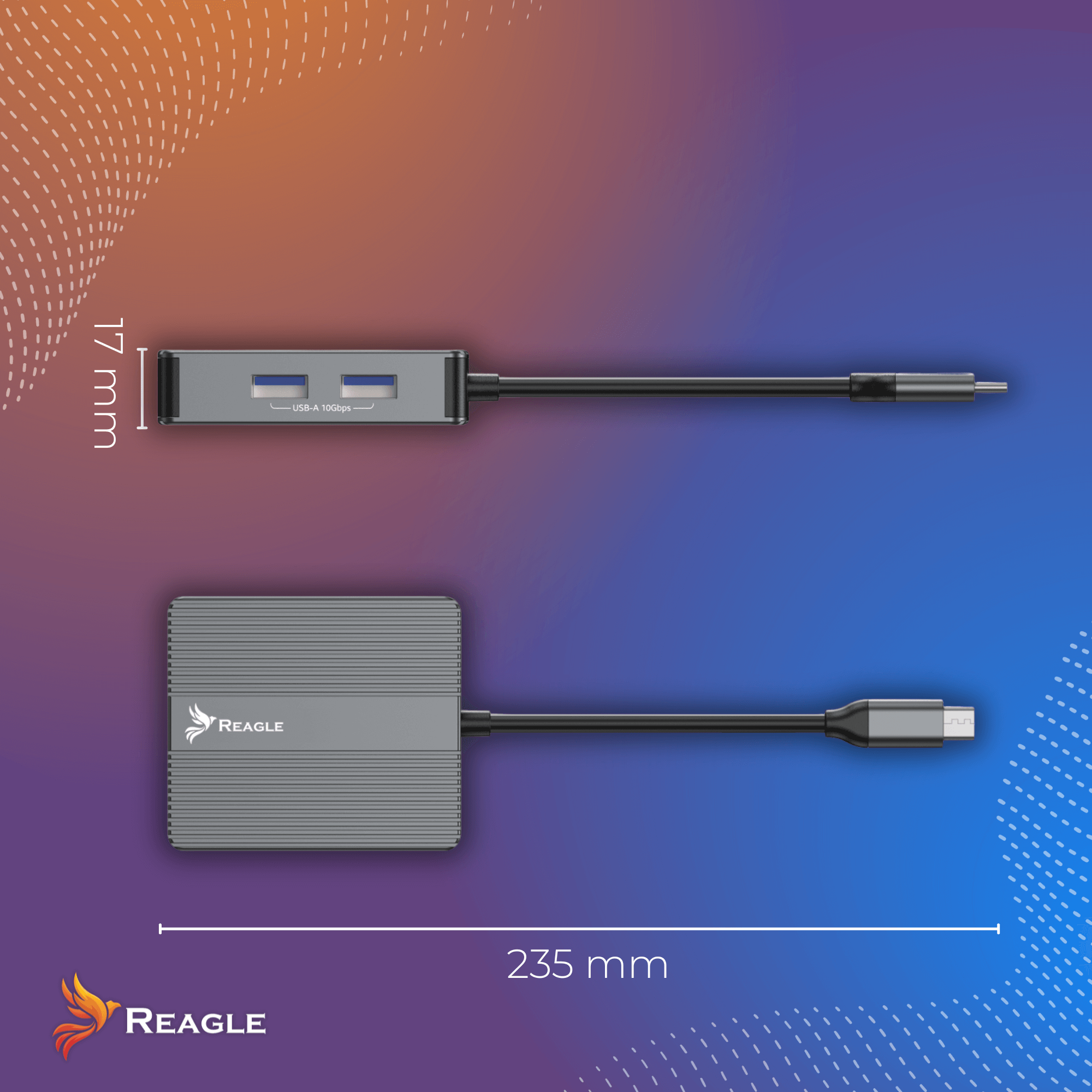 Zdjęcie przedstawia Reagle USB hub. Wymiary to 17 mm i 235 mm. Posiada port USB-A i USB-C.