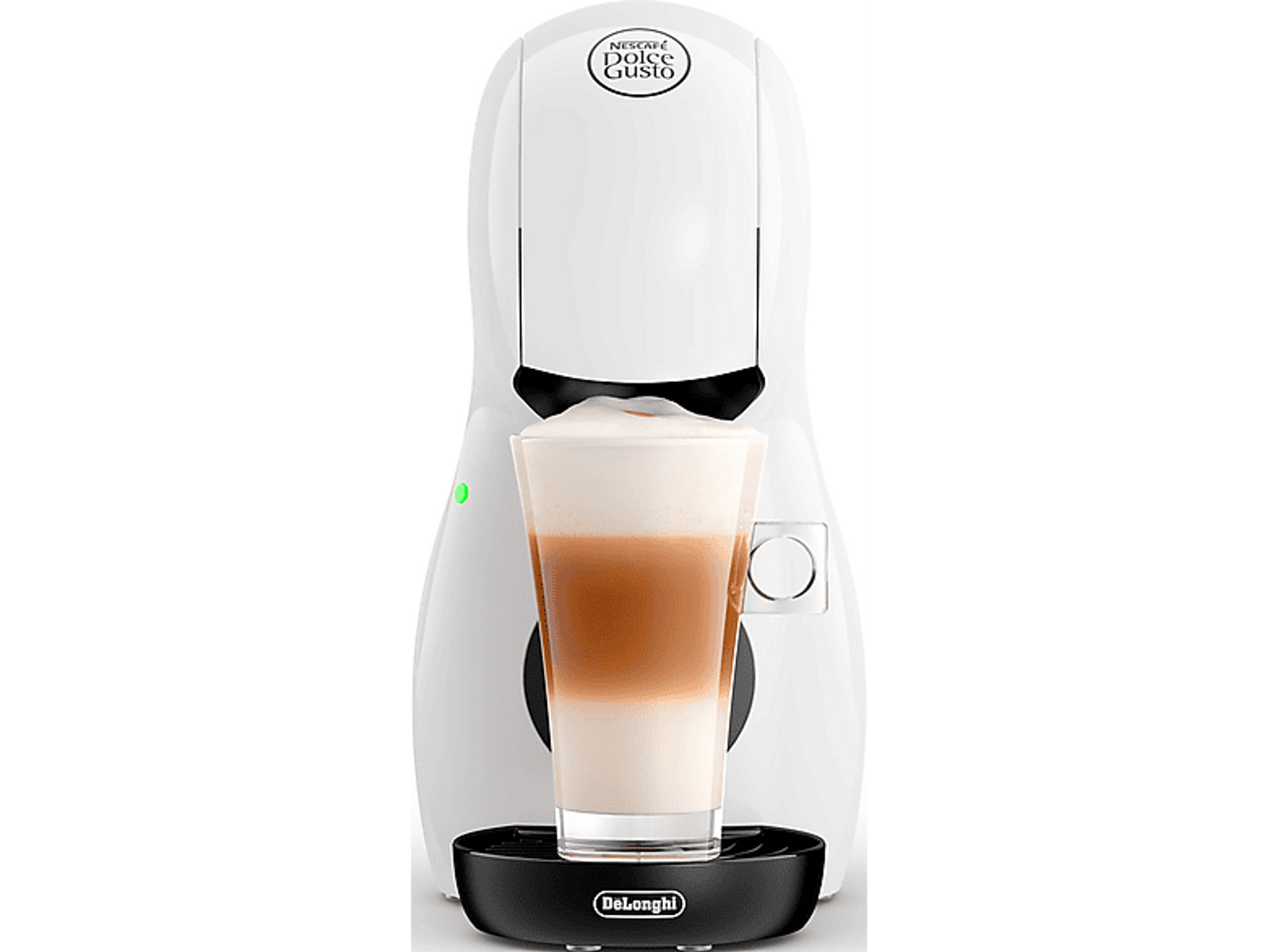 Weiße Dolce Gusto Kaffeemaschine mit einem Glas geschichtetem Kaffee. Die Maschine hat einen schwarzen Sockel, ein grünes Licht und das Delonghi-Logo.
