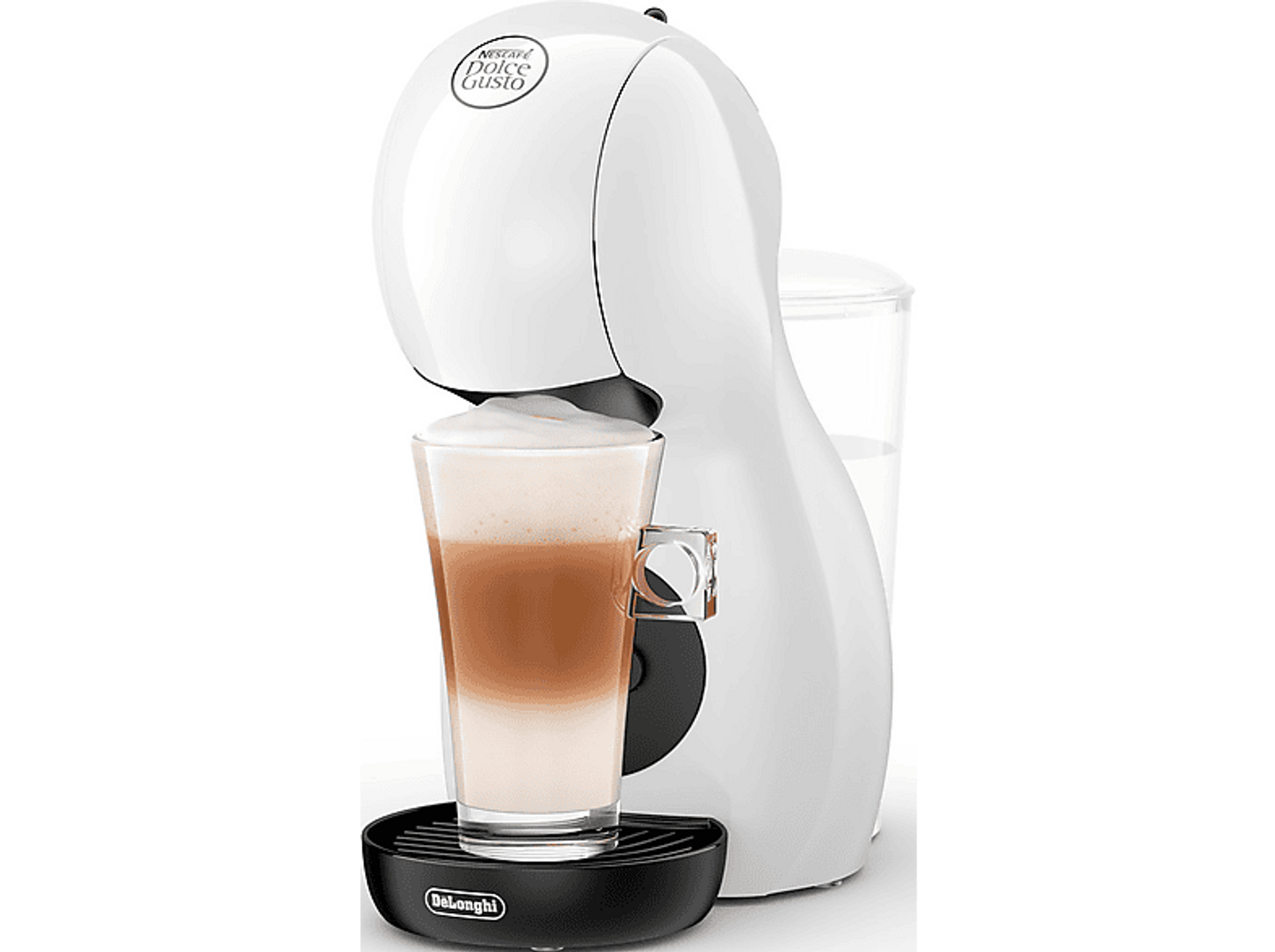 Eine weiße Dolce Gusto Kaffeemaschine mit einem Latte in einem Glas. Der Kaffee hat Schichten aus Milch, Espresso und Schaum.