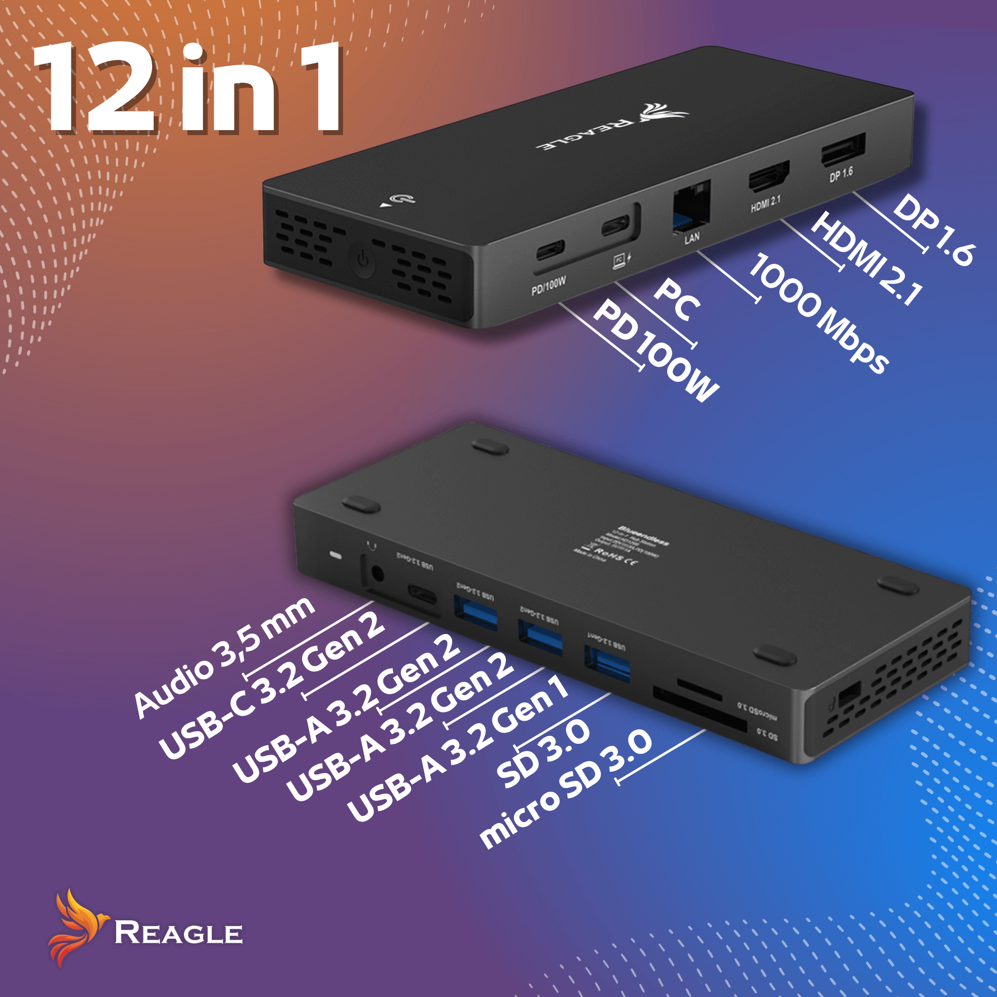 Czarny hub USB-C 12 w 1 z wieloma portami, w tym HDMI, USB i gniazdami kart SD, z logo 'REAGLE'.
