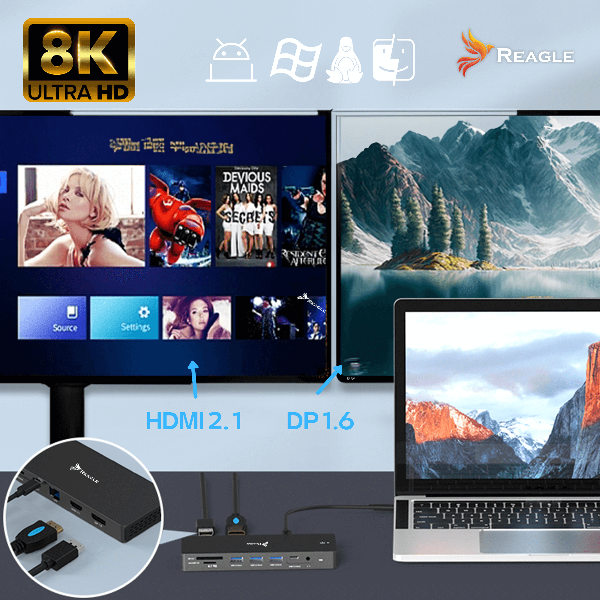 Wyświetlacz 8K Ultra HD z plakatami filmowymi, laptopem i stacją dokującą z portami HDMI i DP. Widoczne jest logo Reagle.