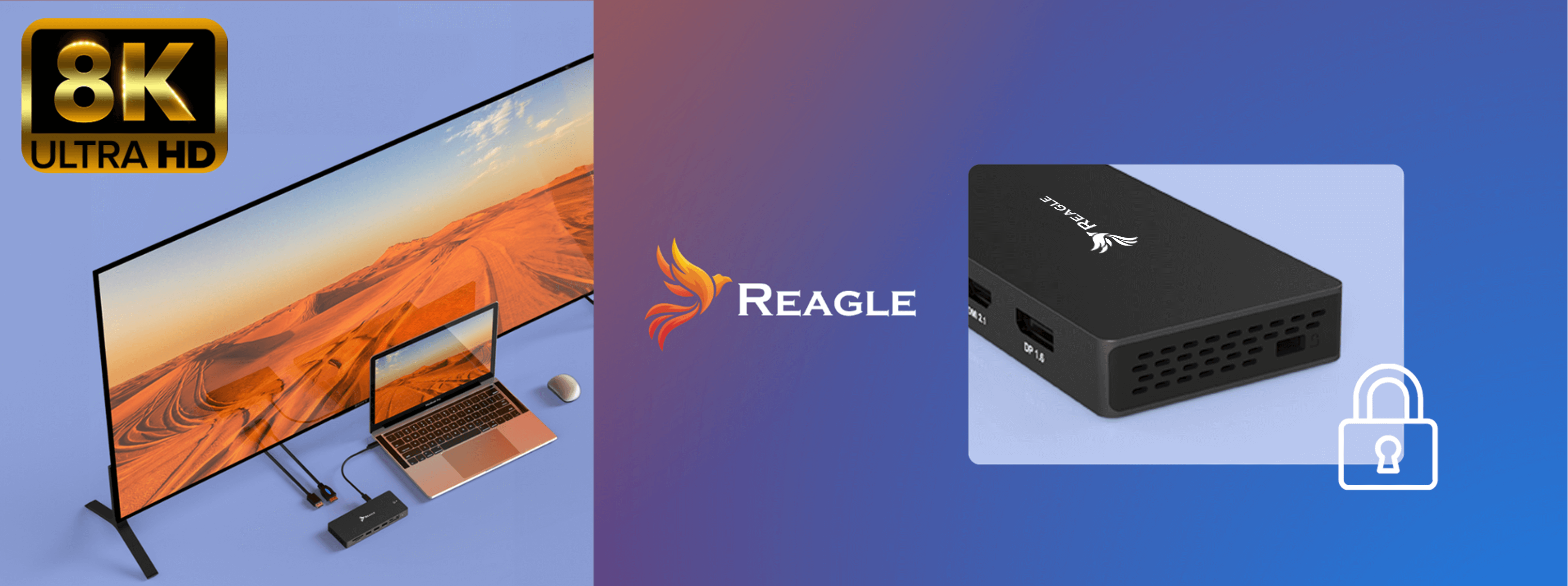 Telewizor 8K Ultra HD z laptopem, hubem i myszą. Widoczne jest również logo Reagle i ikona kłódki.