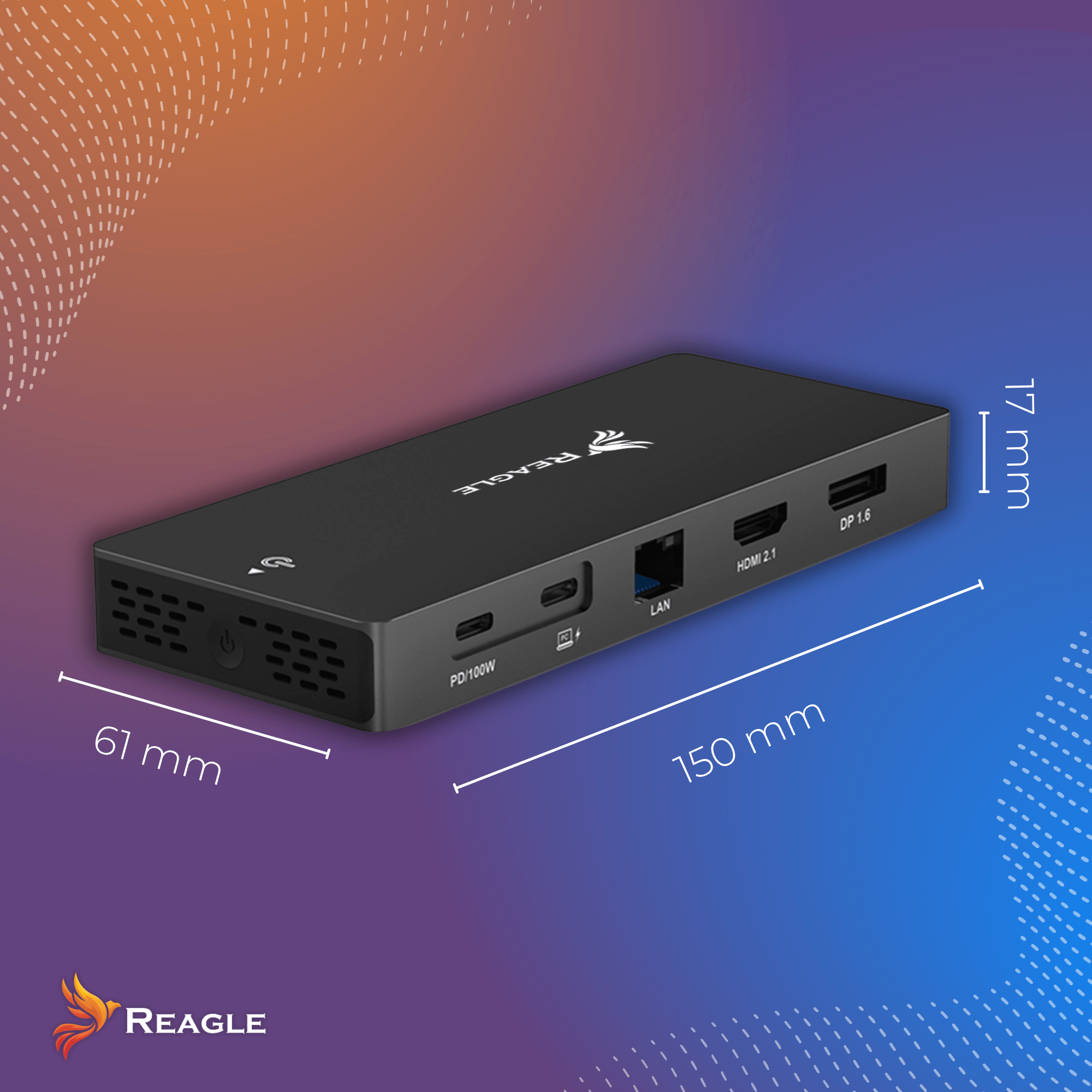 Czarna stacja dokująca Reagle z portami, w tym HDMI, LAN i DP, na gradientowym tle. Pokazano wymiary.