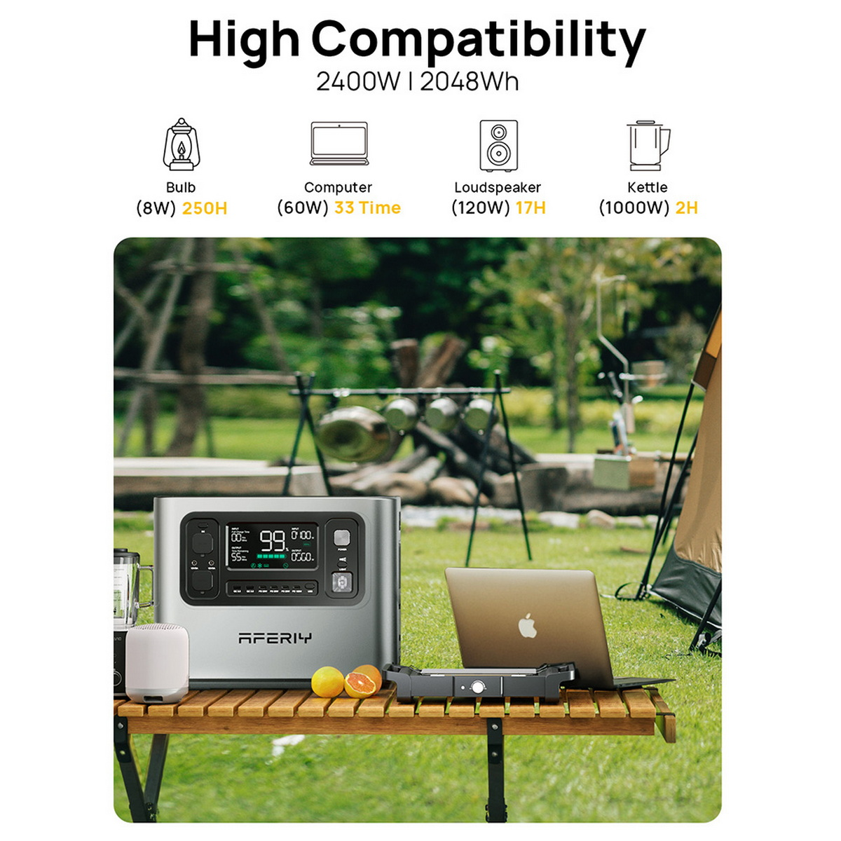 Stacja zasilania na stole z laptopem, owocami i głośnikiem. Z tyłu namiot i drzewa.