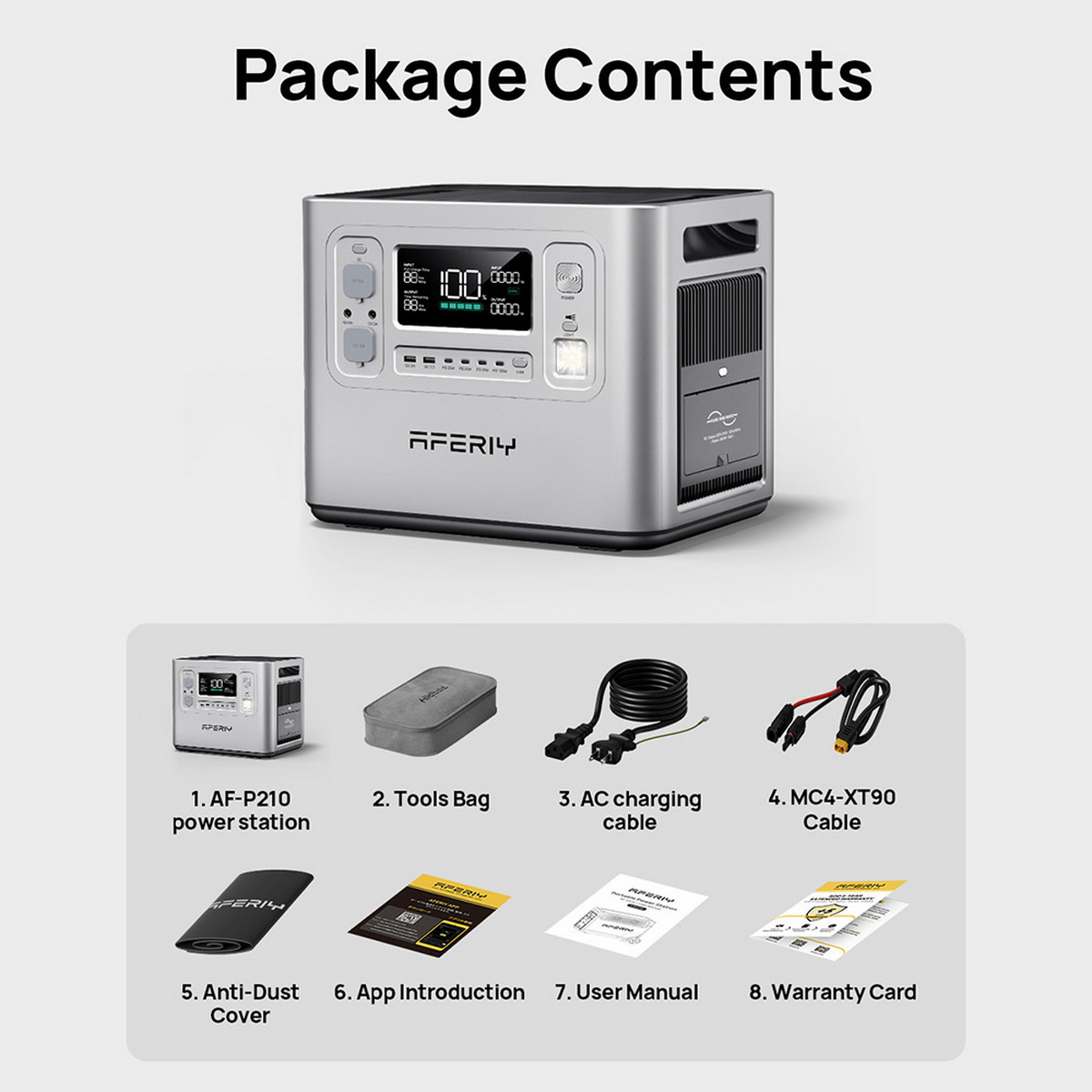 Obraz przedstawia stację zasilania i jej akcesoria. Zawiera stację zasilania, torbę na narzędzia, kabel ładujący, kabel MC4, osłonę przeciwpyłową, instrukcje i kartę gwarancyjną.