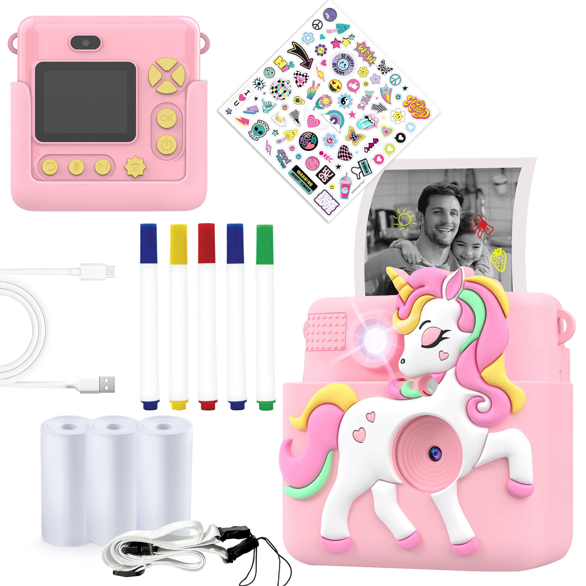 A pink instant camera with a unicorn on it, stickers, a photo, markers, and paper rolls are displayed.