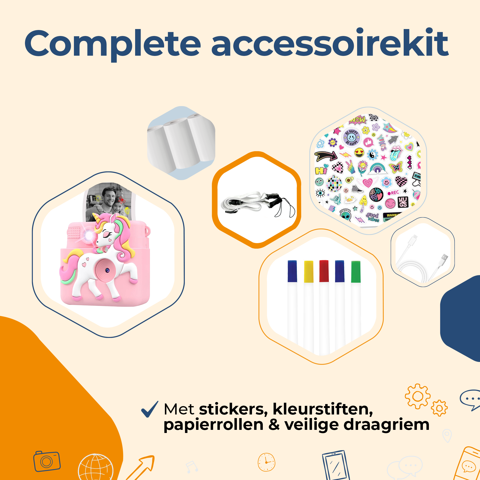 Pink unicorn camera kit with accessories: stickers, pens, paper rolls, and a strap, on a light yellow background.