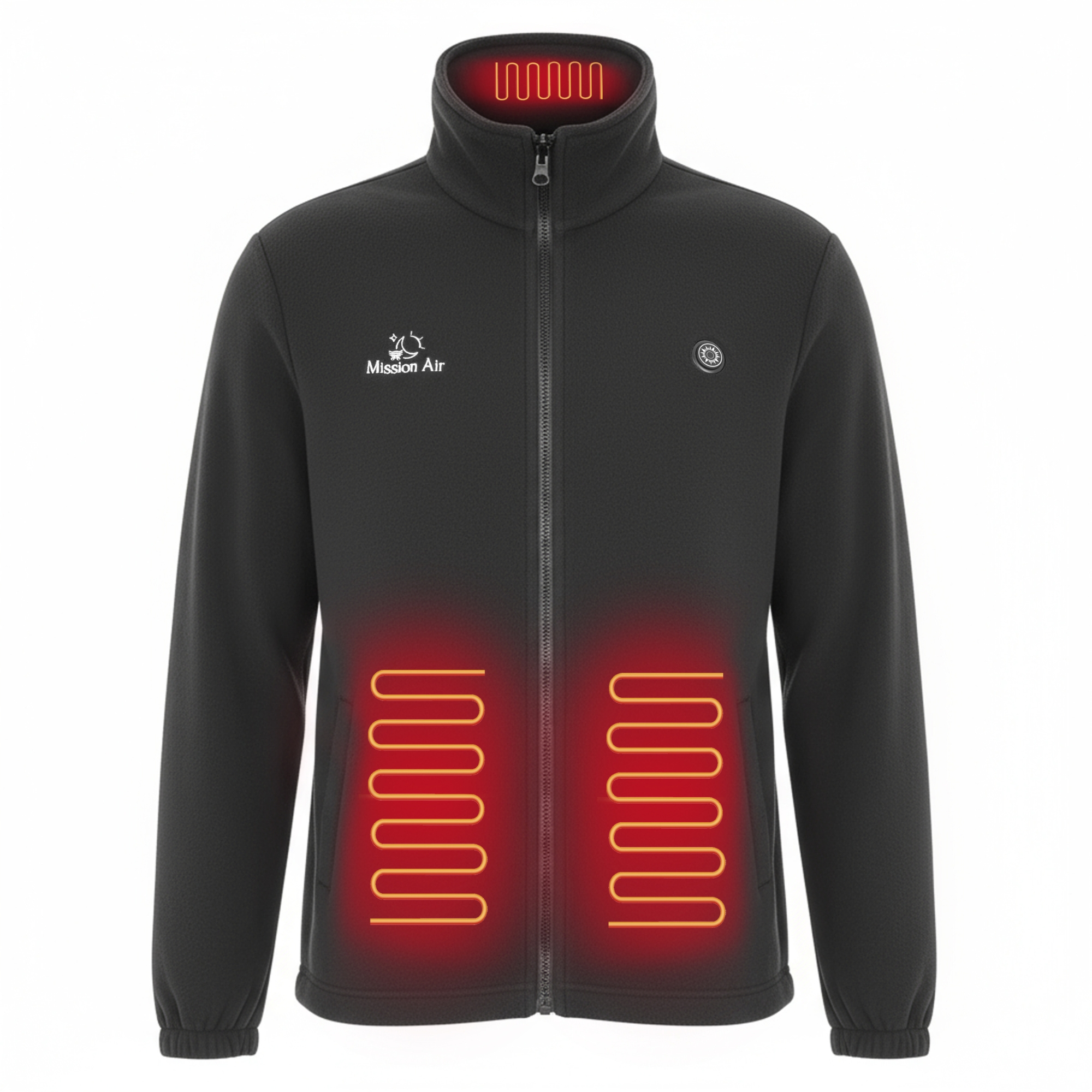 Czarna kurtka z podgrzewaniem i zamkiem błyskawicznym. Widoczne czerwone elementy grzewcze. Marka to Mission Air.