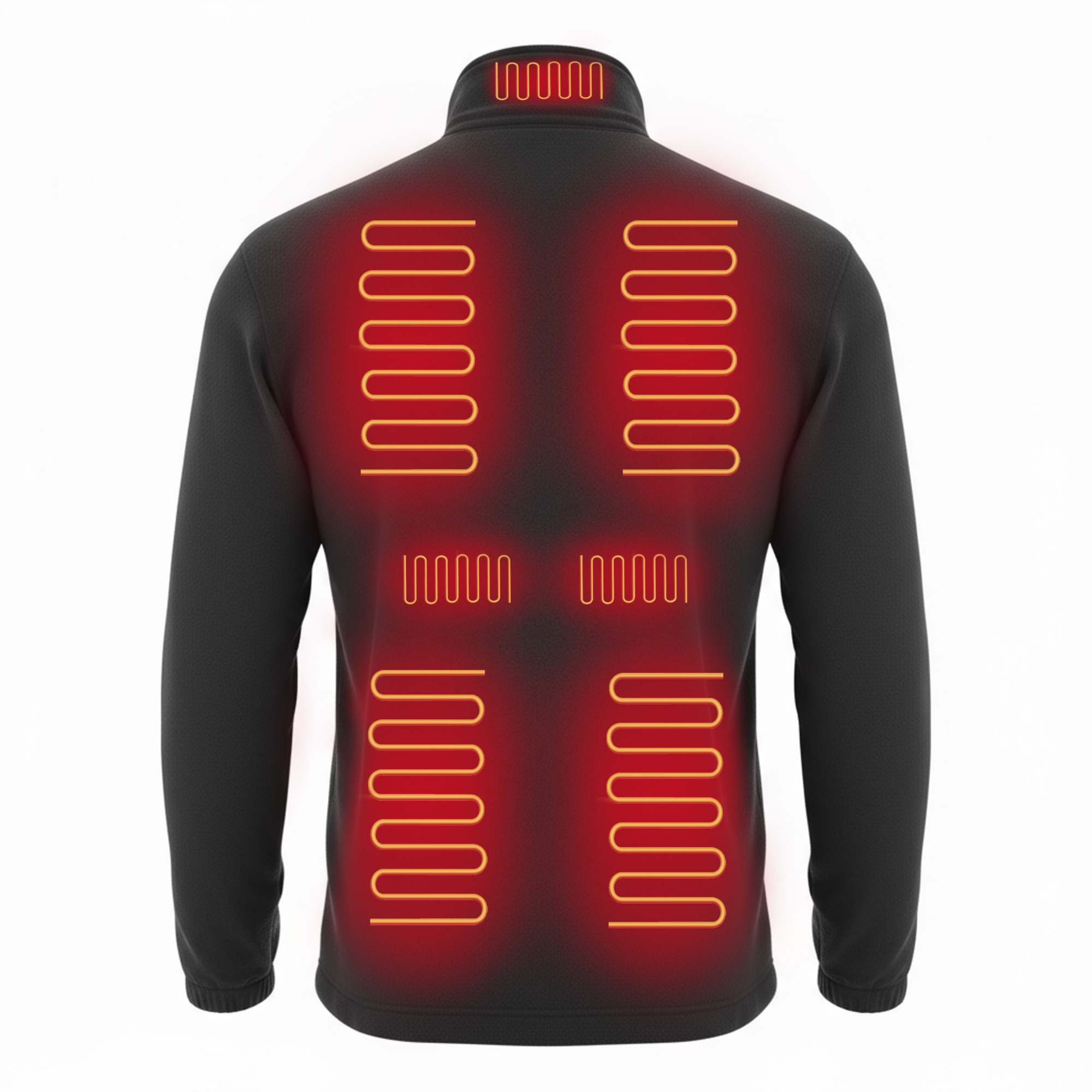 Czarna kurtka z podgrzewaniem. Czerwone elementy grzewcze na plecach. Białe tło.