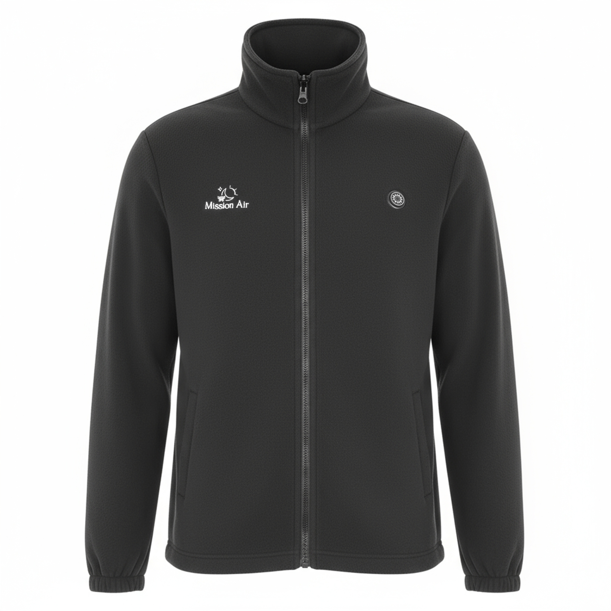 Czarna kurtka polarowa z zamkiem błyskawicznym, logo Mission Air i okrągłą odznaką.