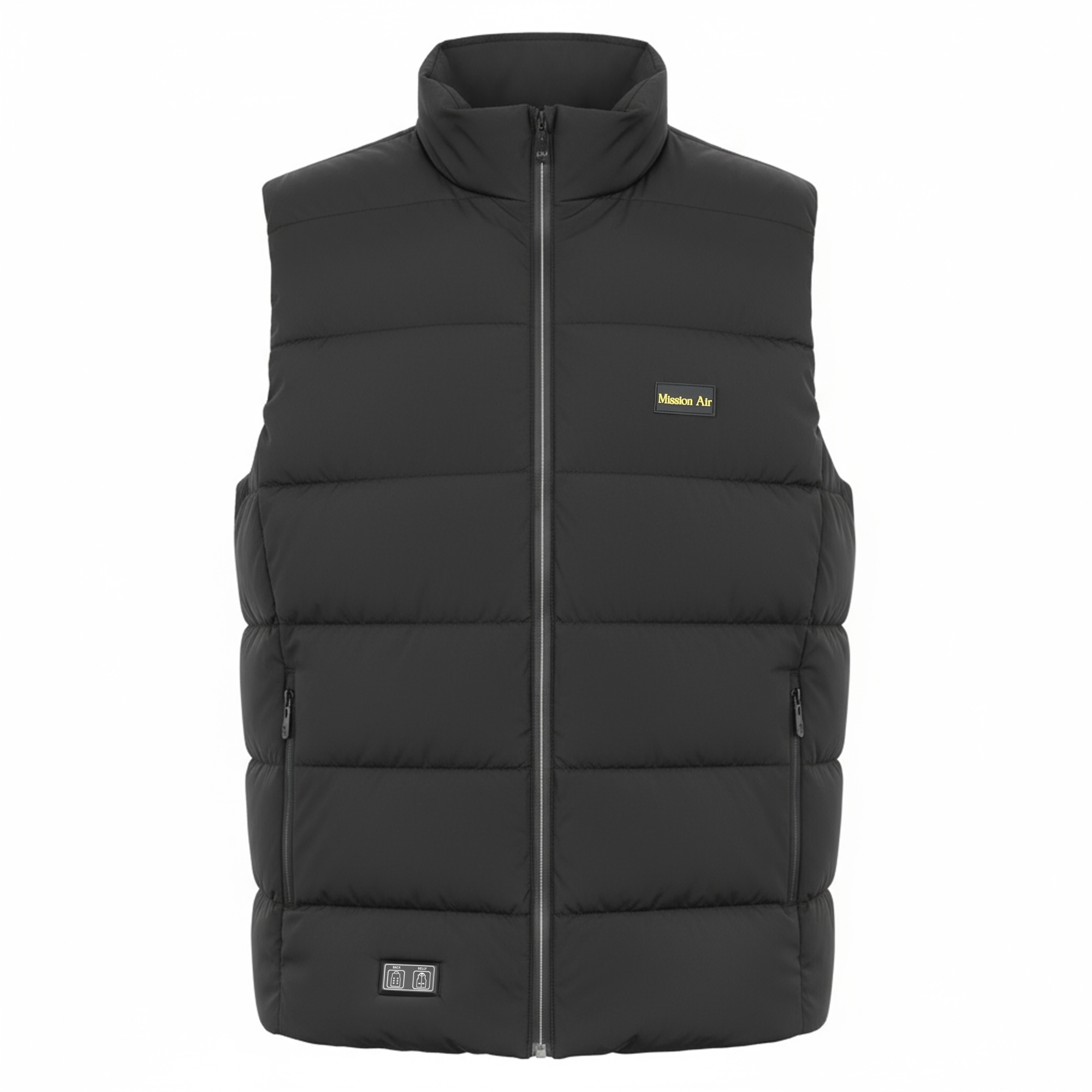 Czarna pikowana kamizelka z wysokim kołnierzem i zamkiem błyskawicznym. Posiada logo 'Mission Air'.