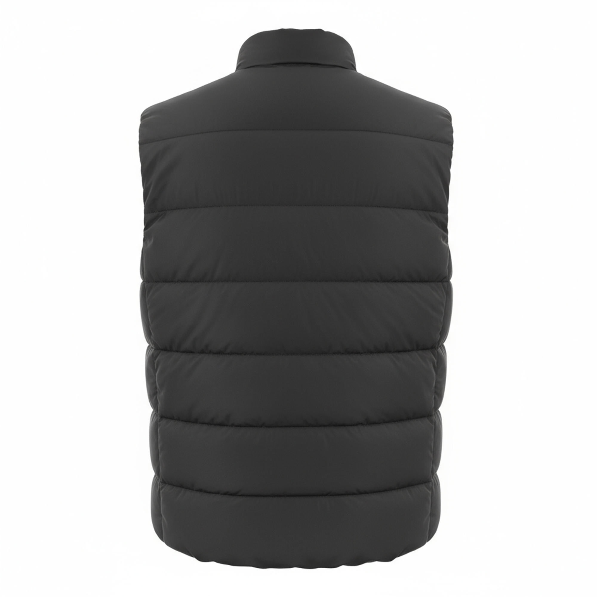 Widok z tyłu czarnej pikowanej kamizelki. Ma kołnierz i pionowe pikowane linie. Tło jest białe.