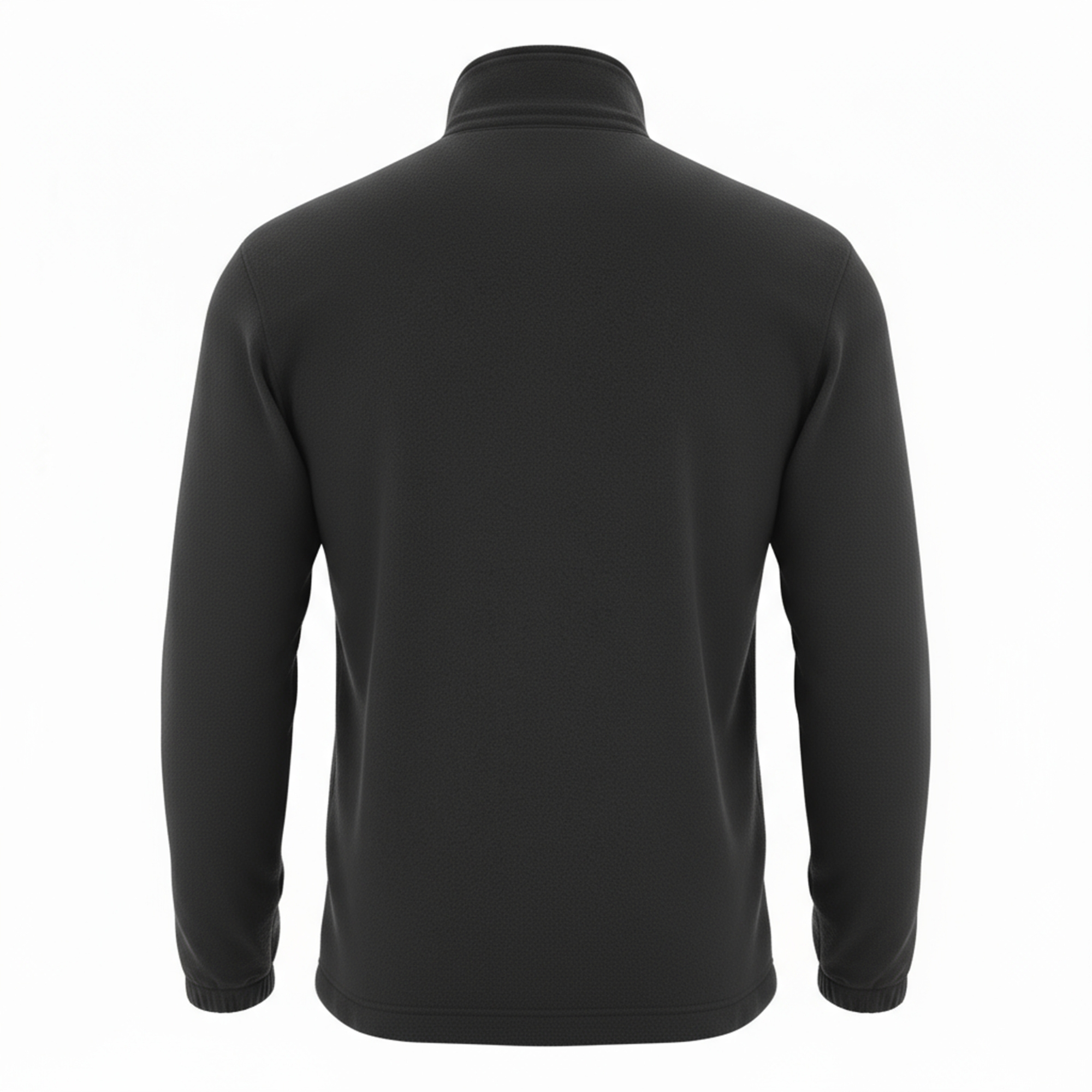 Widok z tyłu czarnej kurtki polarowej z wysokim kołnierzem i długimi rękawami. Tło jest białe.