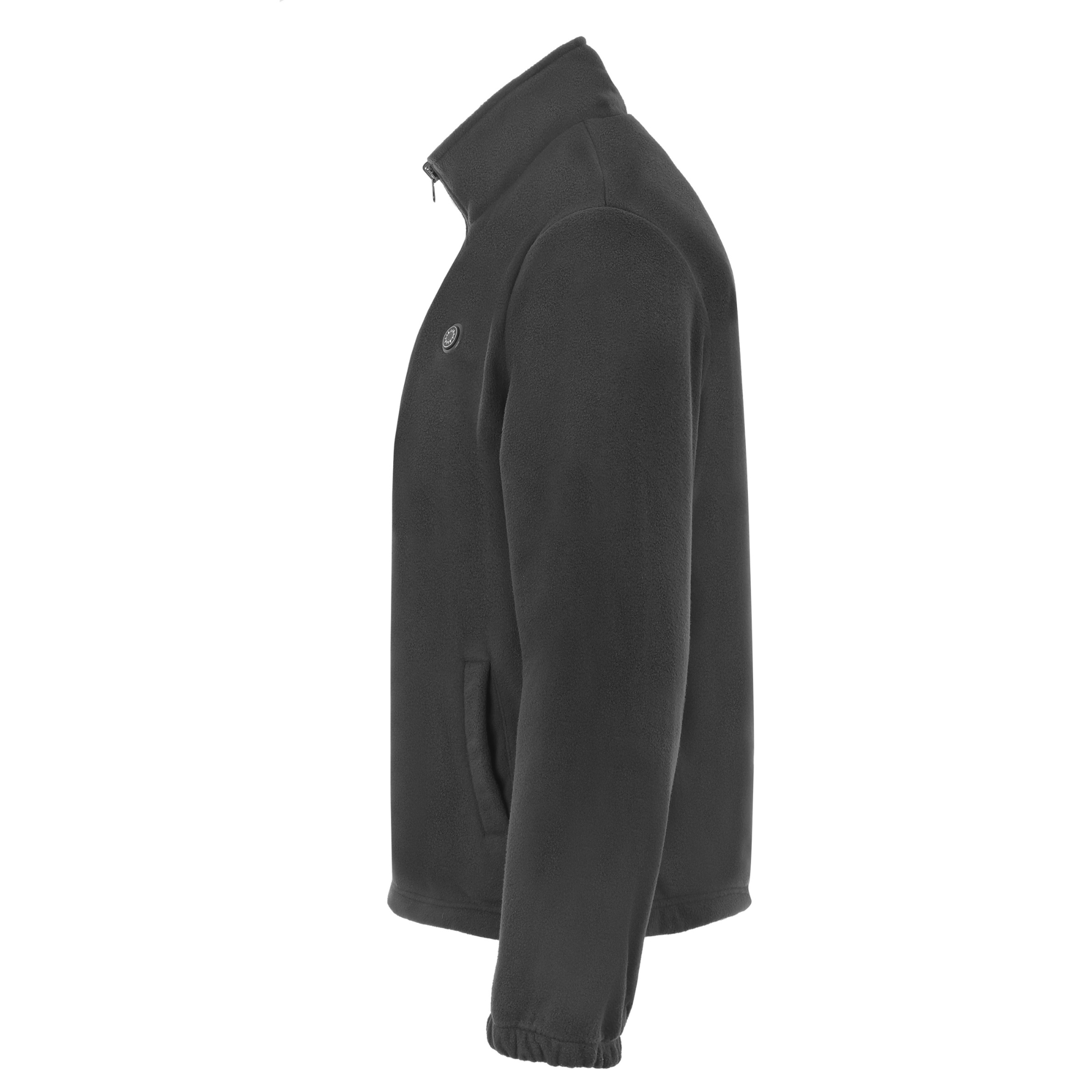 Ciemnoszara kurtka polarowa z wysokim kołnierzem i zamkiem błyskawicznym. Kurtka ma małe logo na piersi.