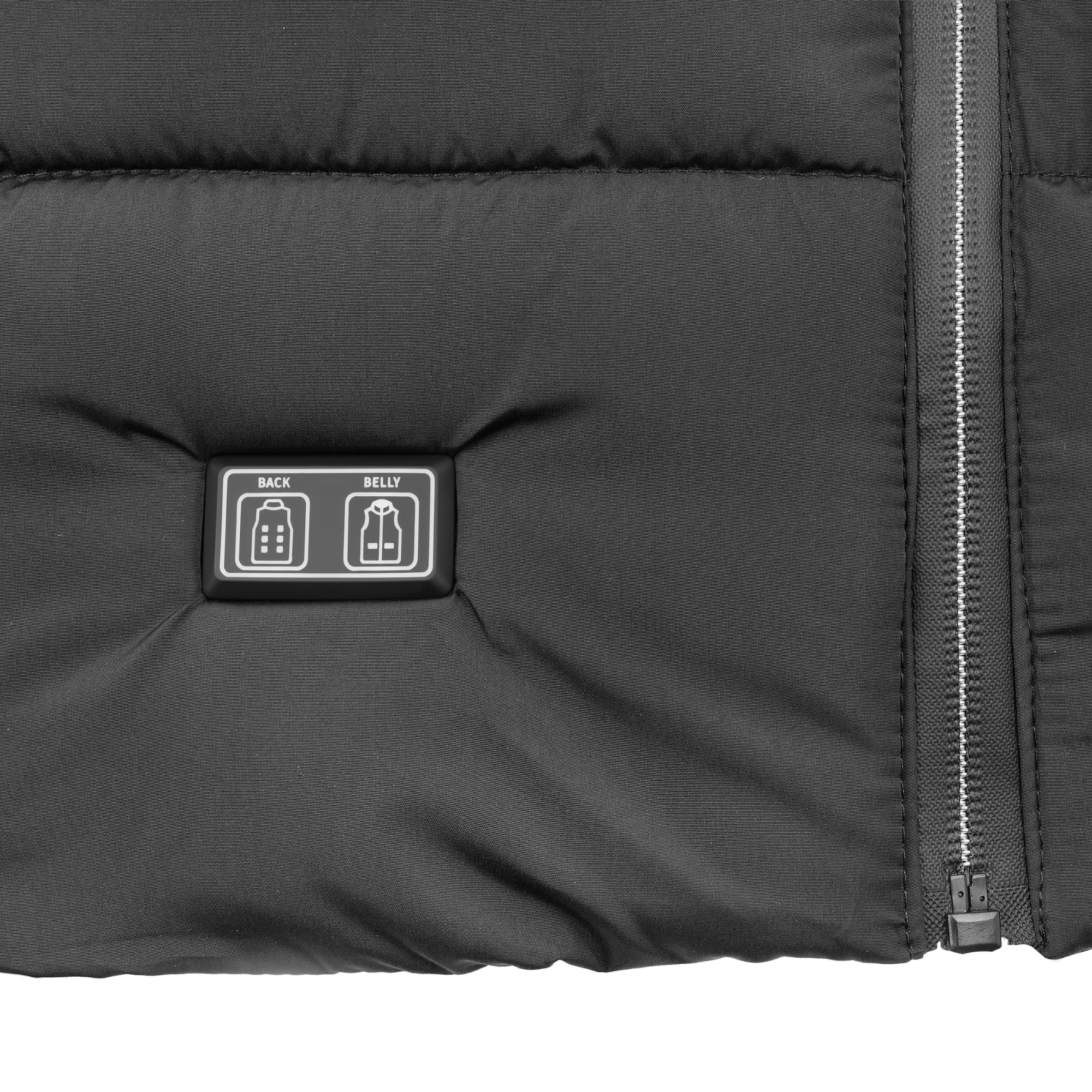 Zbliżenie czarnej kamizelki z zamkiem błyskawicznym i panelem sterowania ogrzewaniem pleców i brzucha, białe ikony i tekst.