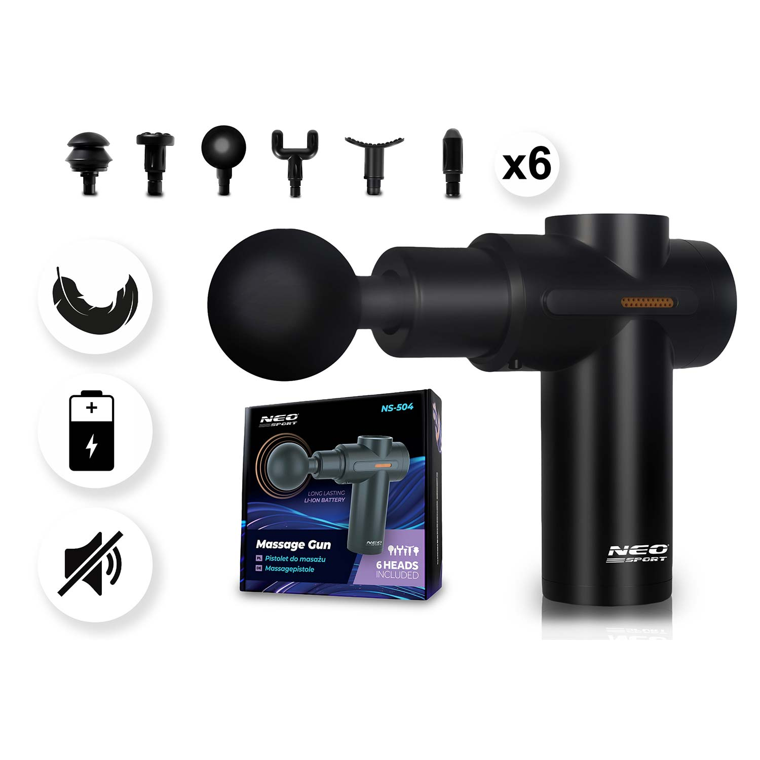 Czarny pistolet do masażu z sześcioma wymiennymi głowicami. Obecne jest również pudełko ze zdjęciem pistoletu i ikonami.