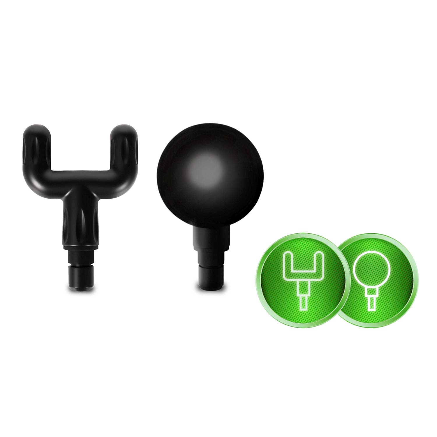 Obraz przedstawia nasadki do pistoletu do masażu: końcówkę w kształcie widelca, końcówkę kulkową i dwie zielone ikony kołowe z konturami.