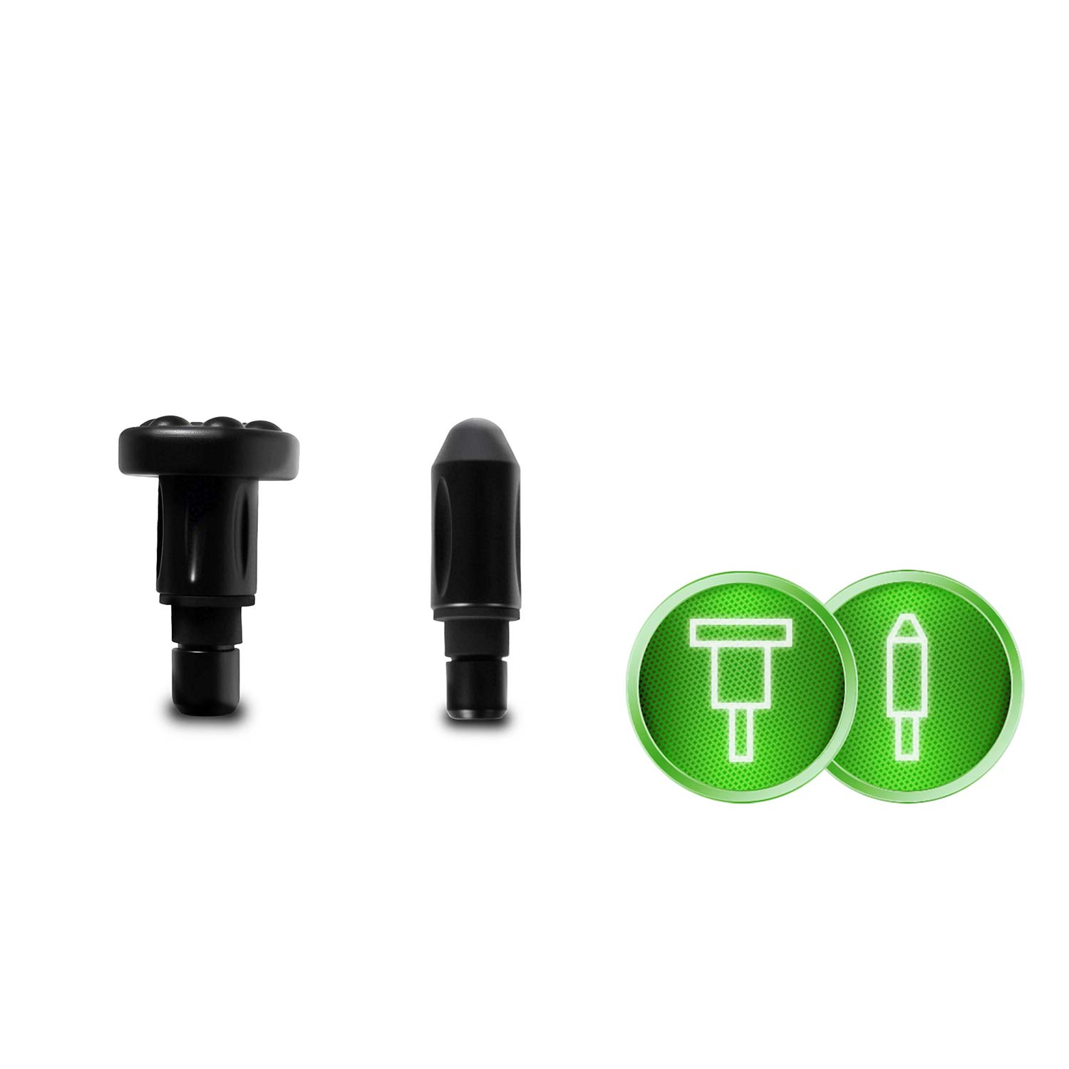 Trzy czarne drążki kontrolera gier i dwa zielone okrągłe ikony z białymi rysunkami kształtów drążków kontrolera.