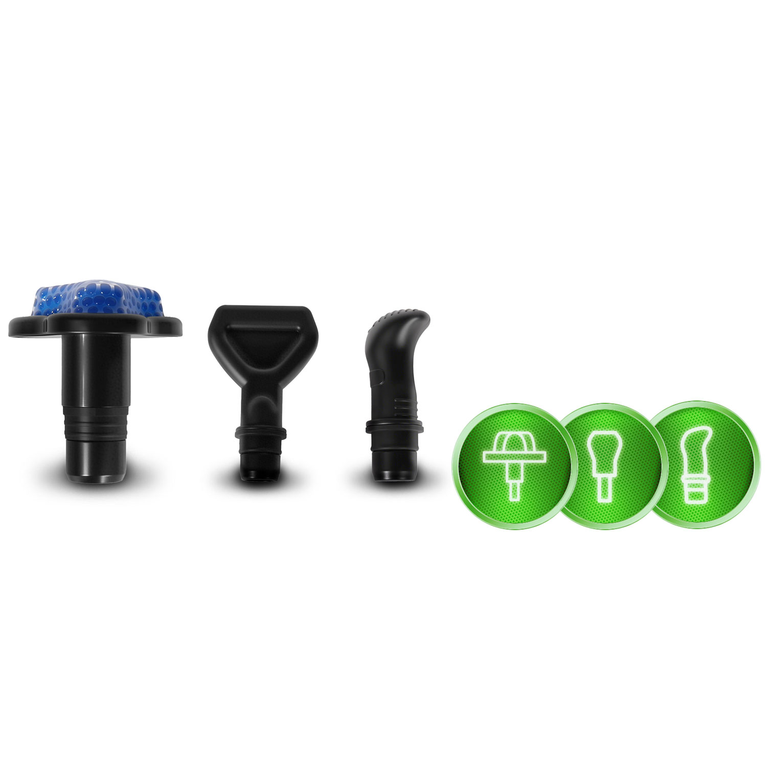 Cztery czarne nasadki do masażu i trzy zielone okrągłe ikony z białymi rysunkami liniowymi.