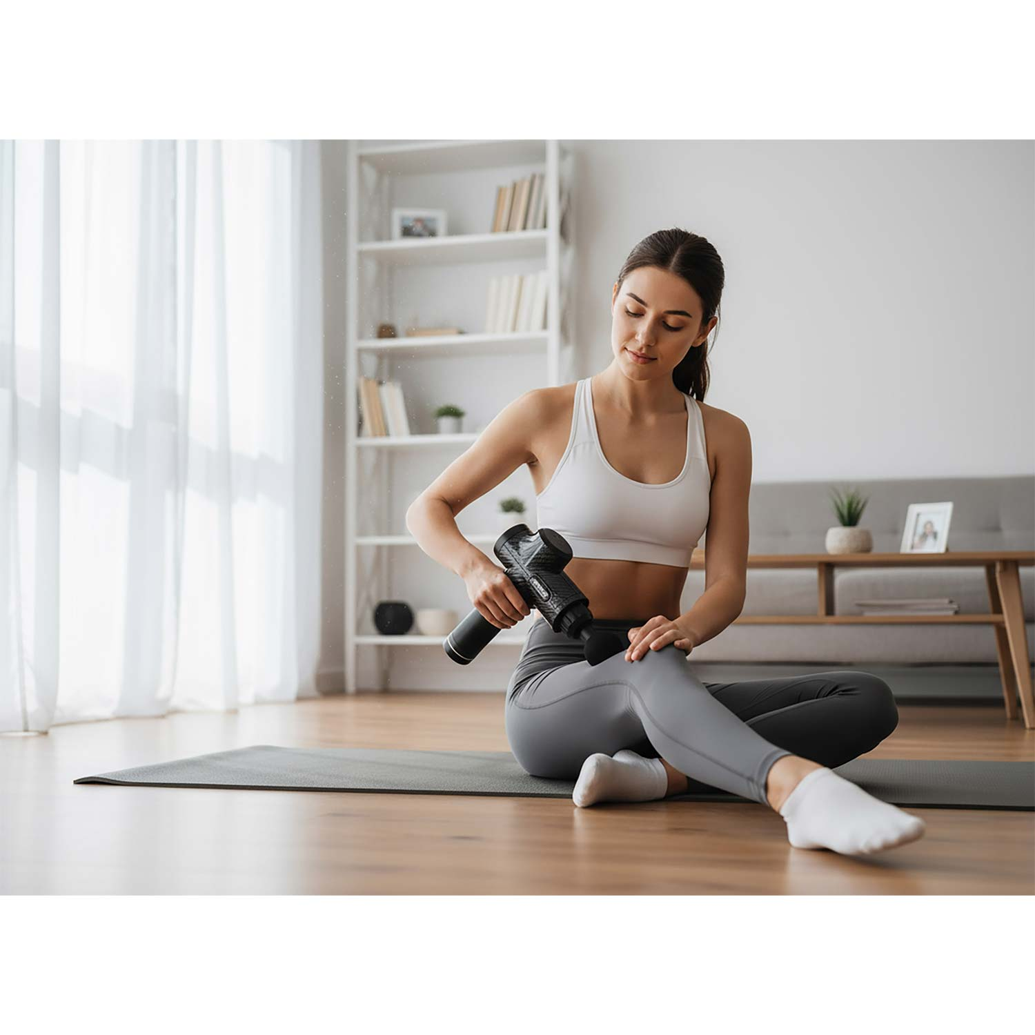 Kobieta w stroju sportowym używa pistoletu do masażu na kolanie, siedząc na macie. Półka i zasłony w tle.