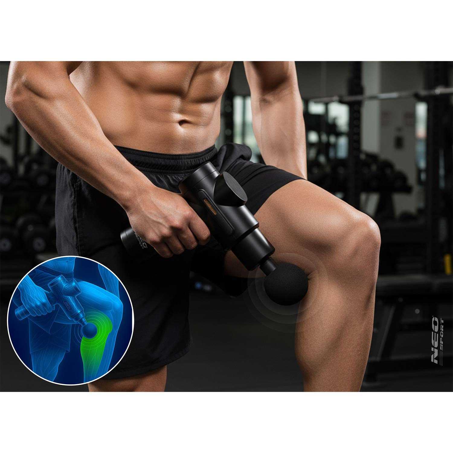 Mężczyzna używa czarnego pistoletu do masażu na nodze. Schemat podkreśla obszar kolana w kolorze niebieskim i zielonym.