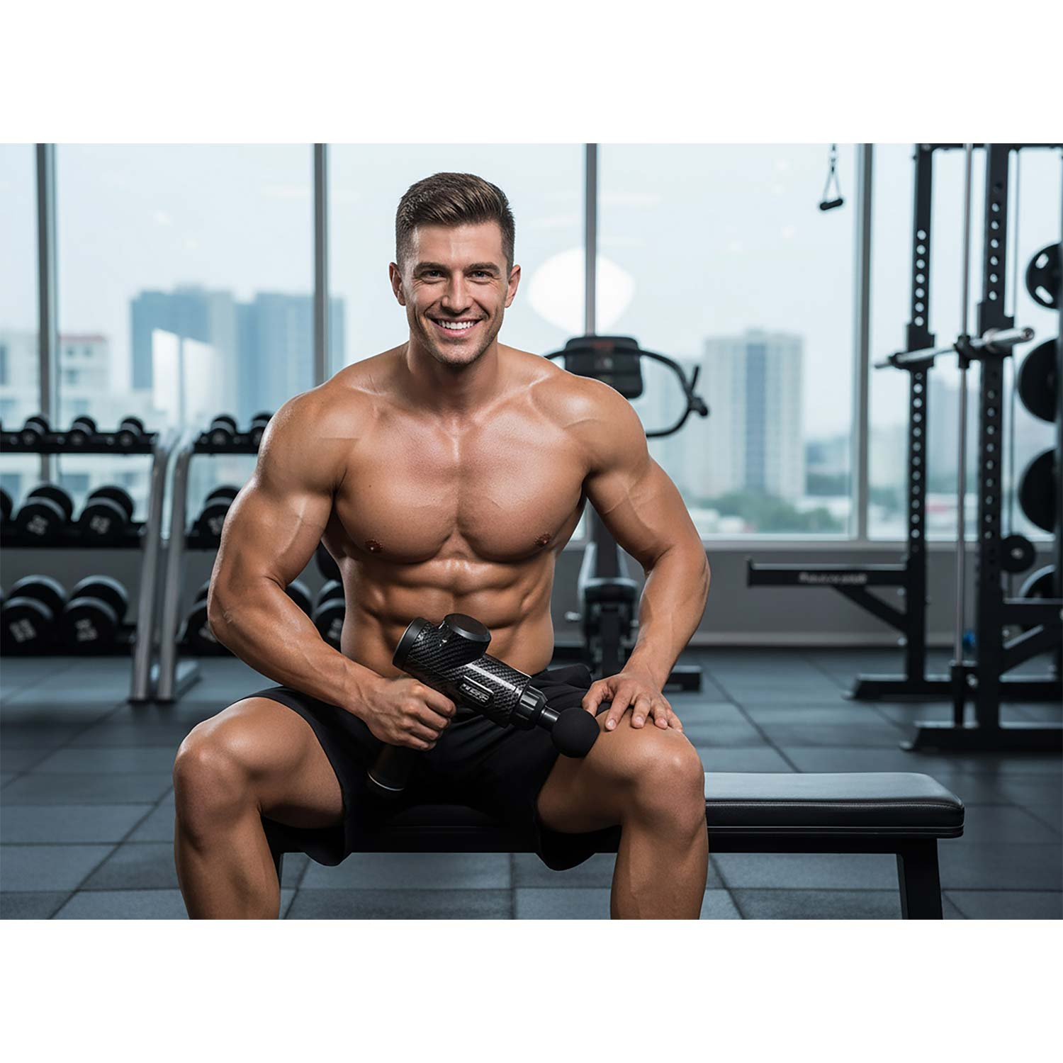 Umięśniony mężczyzna z pistoletem do masażu na siłowni. Uśmiecha się. Czarne szorty. Sprzęt do ćwiczeń w tle.