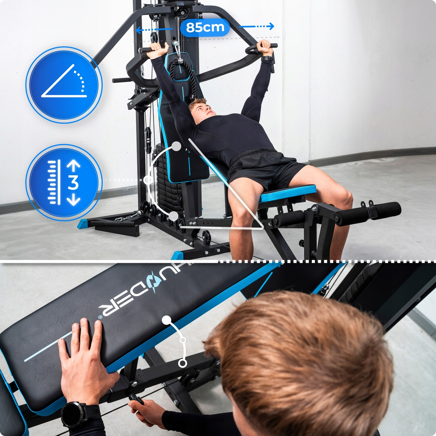 Mężczyzna używa czarno-niebieskiej maszyny do ćwiczeń. Robi wyciskanie na ławce. Maszyna ma wymiary. Inna osoba reguluje ławkę.