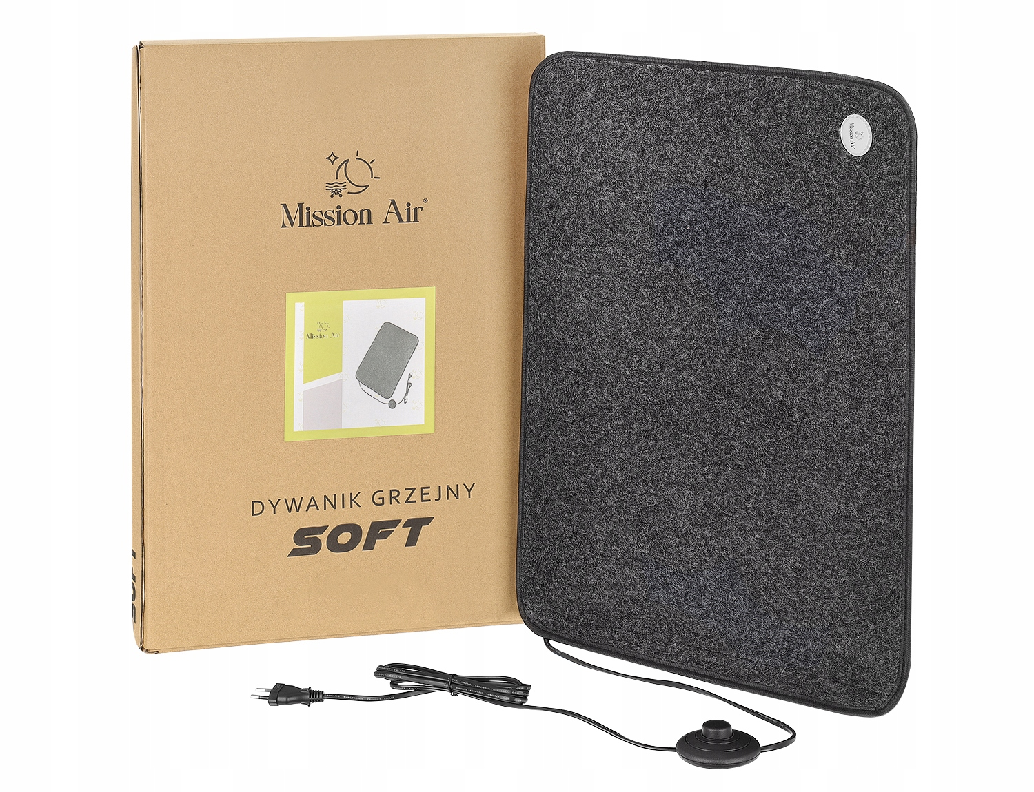 Szara poduszka grzewcza i jej pudełko. Pudełko jest brązowe z tekstem i logo. Poduszka ma przełącznik nożny i wtyczkę.