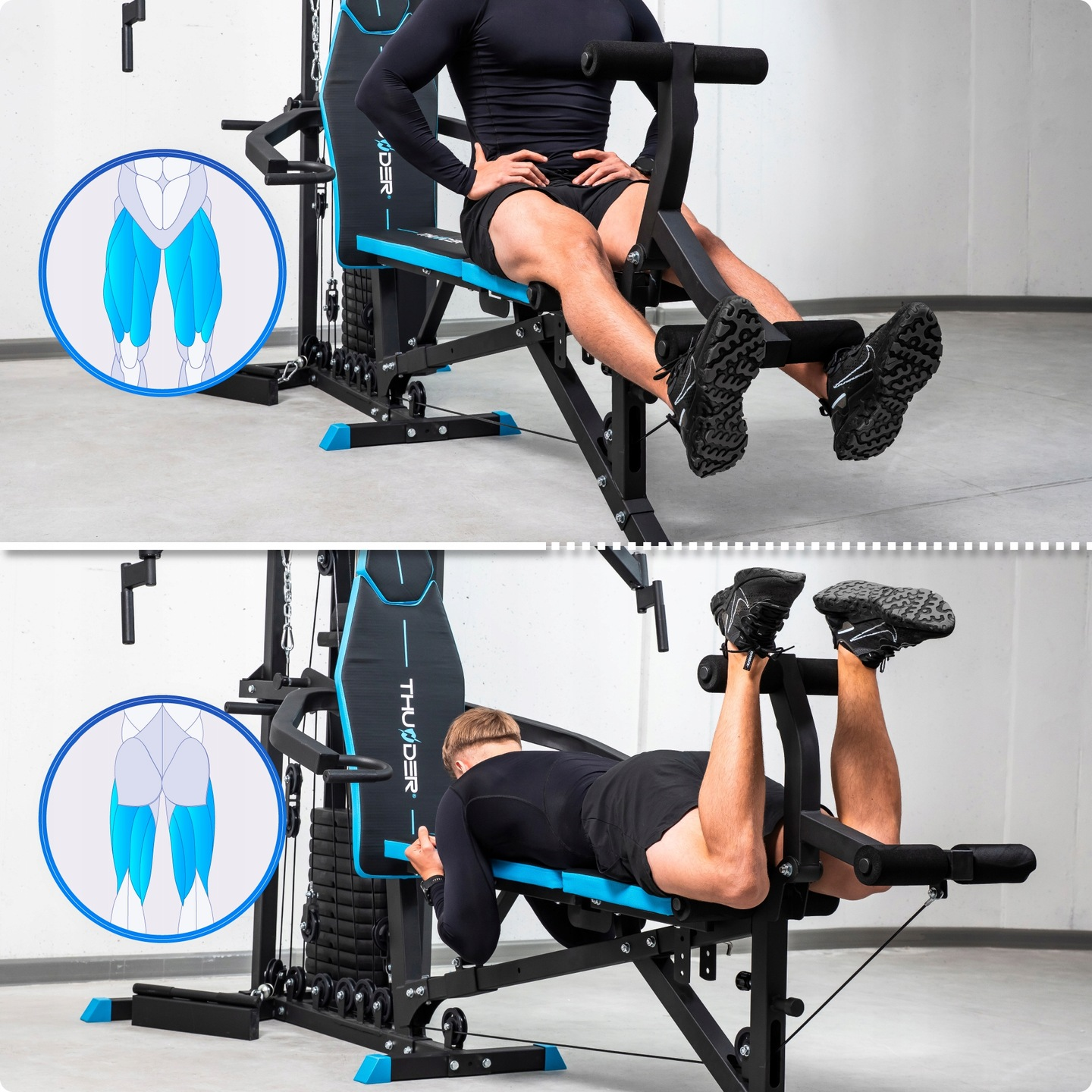 Dwie osoby ćwiczą na maszynie do ćwiczeń. Jedna siedzi, druga leży, obie ćwiczą nogi.