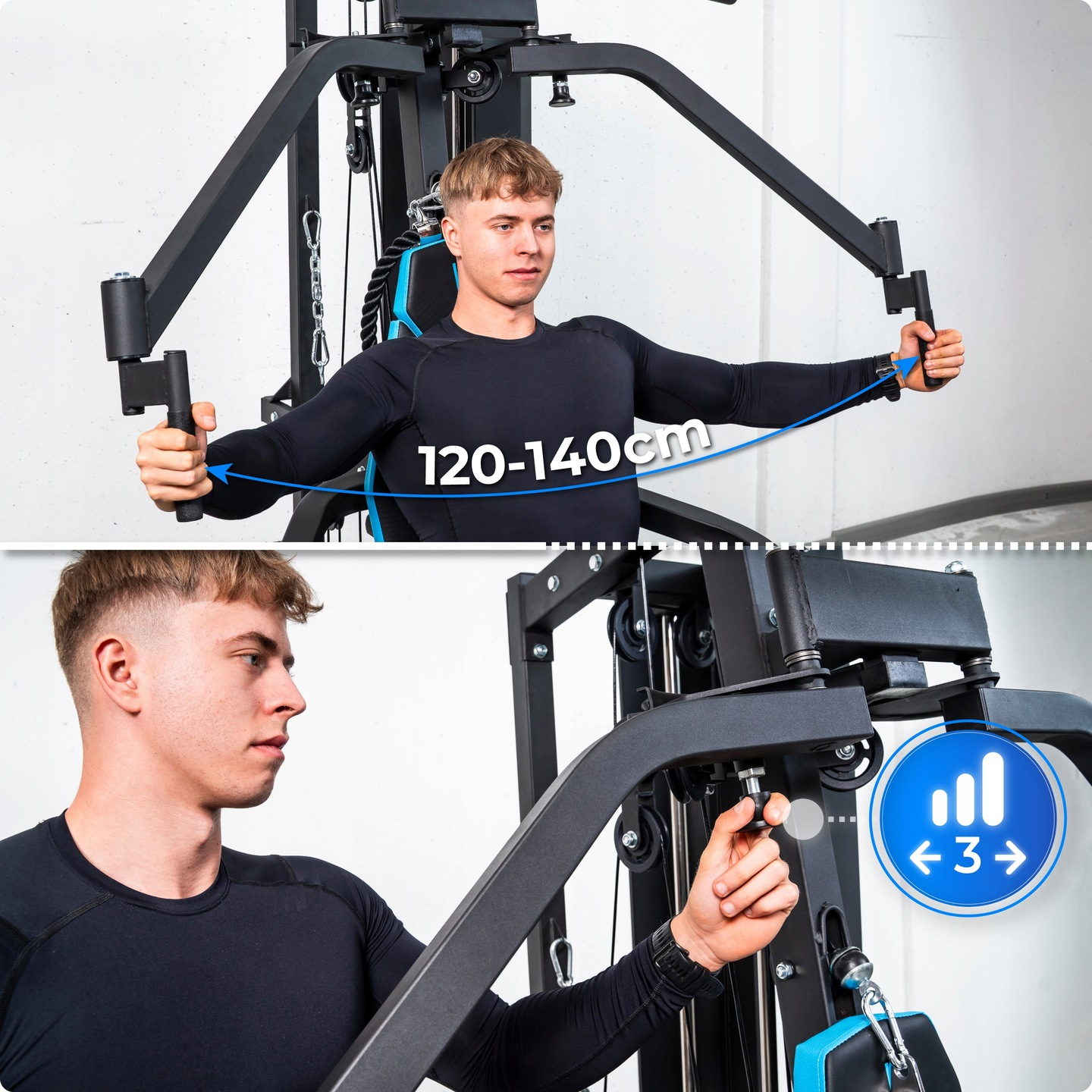 Mężczyzna używa czarnej maszyny do ćwiczeń. Niebieska strzałka pokazuje 120-140cm. Mężczyzna reguluje ustawienie.