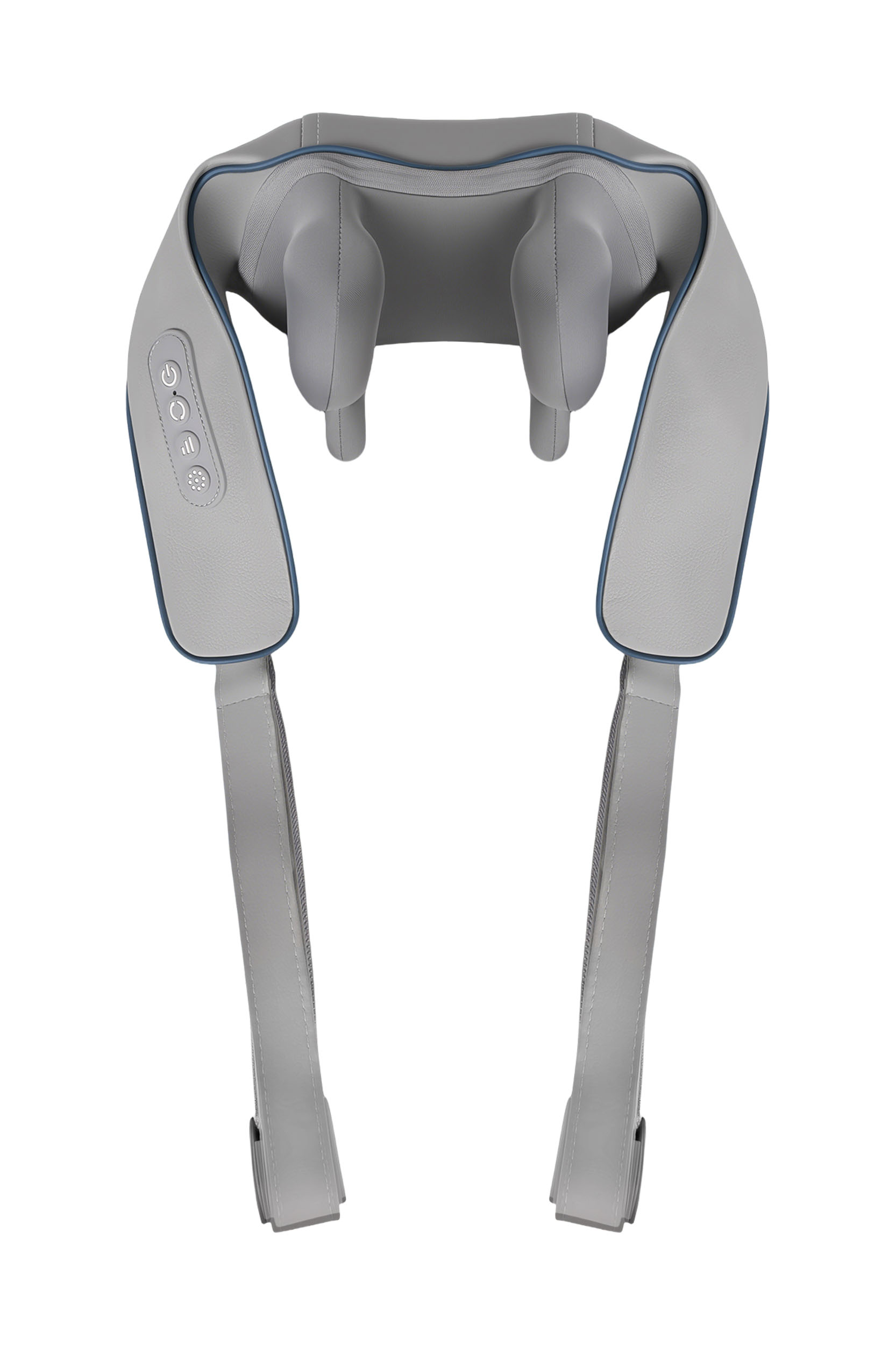 Szary masażer karku z niebieskimi wykończeniami. Posiada dwa paski na ramiona i przyciski sterowania.