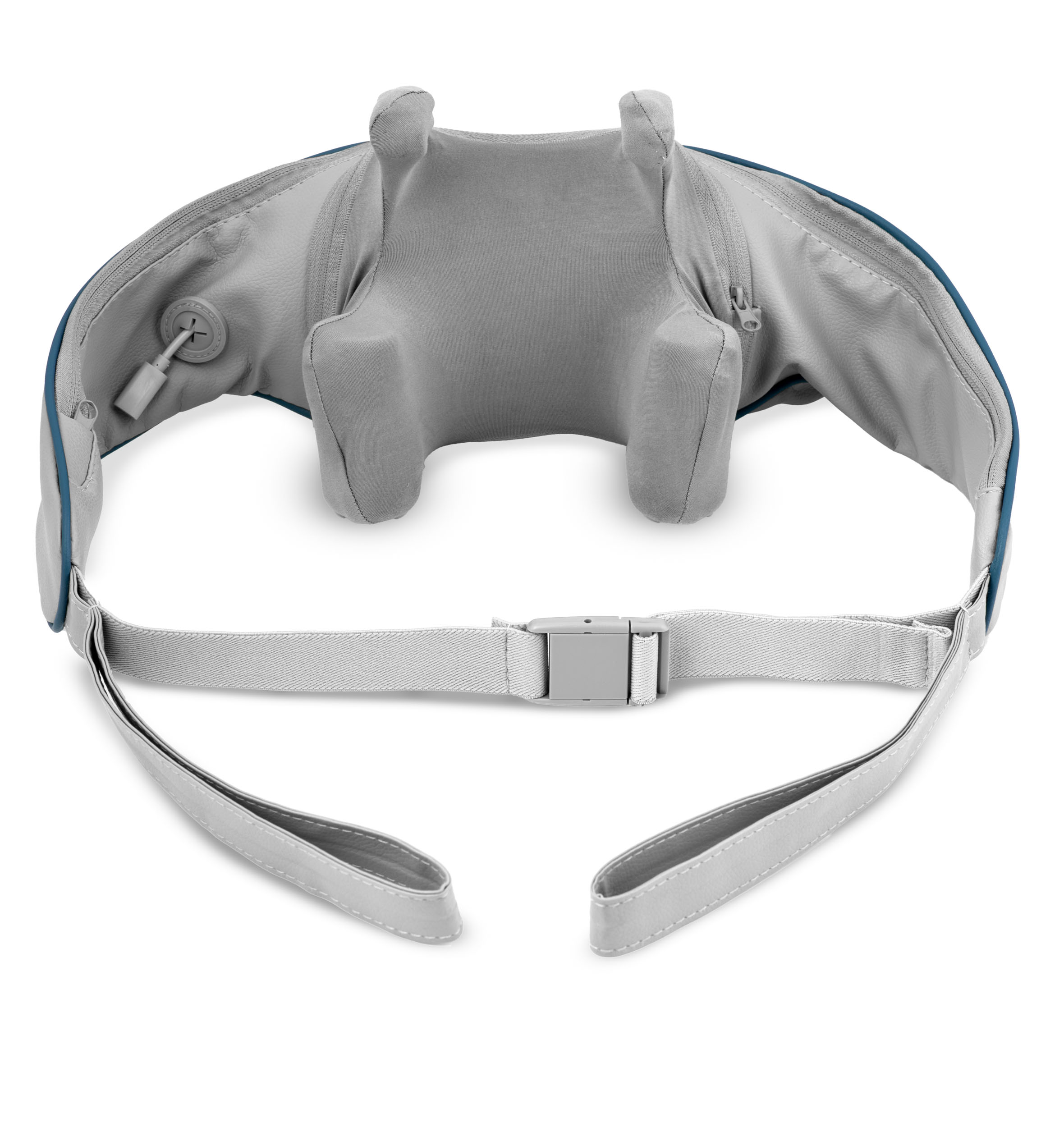 Szare urządzenie do masażu z niebieskimi wykończeniami, białym paskiem z klamrą i białym tłem.