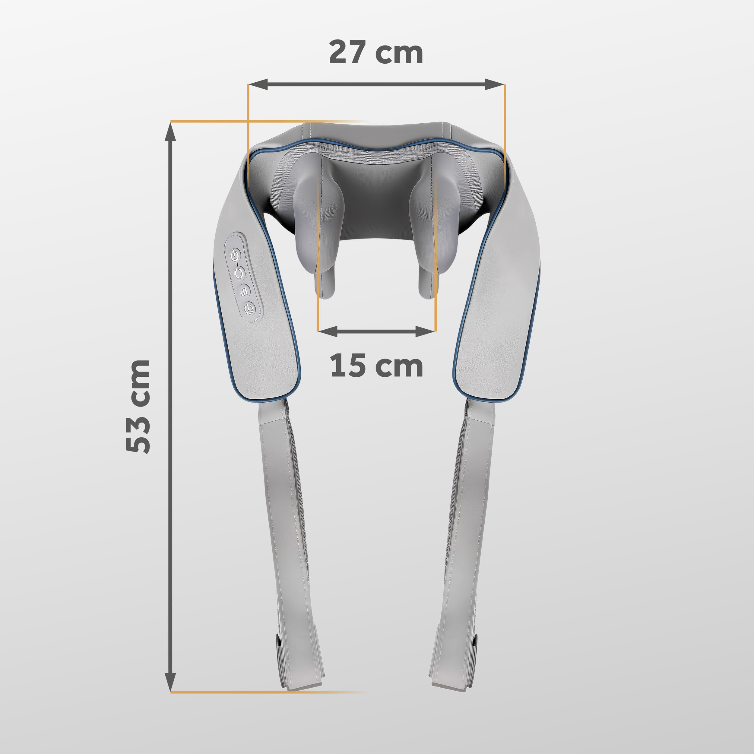 Szary masażer karku z wymiarami: 27 cm szerokości, 53 cm długości i 15 cm między poduszkami.