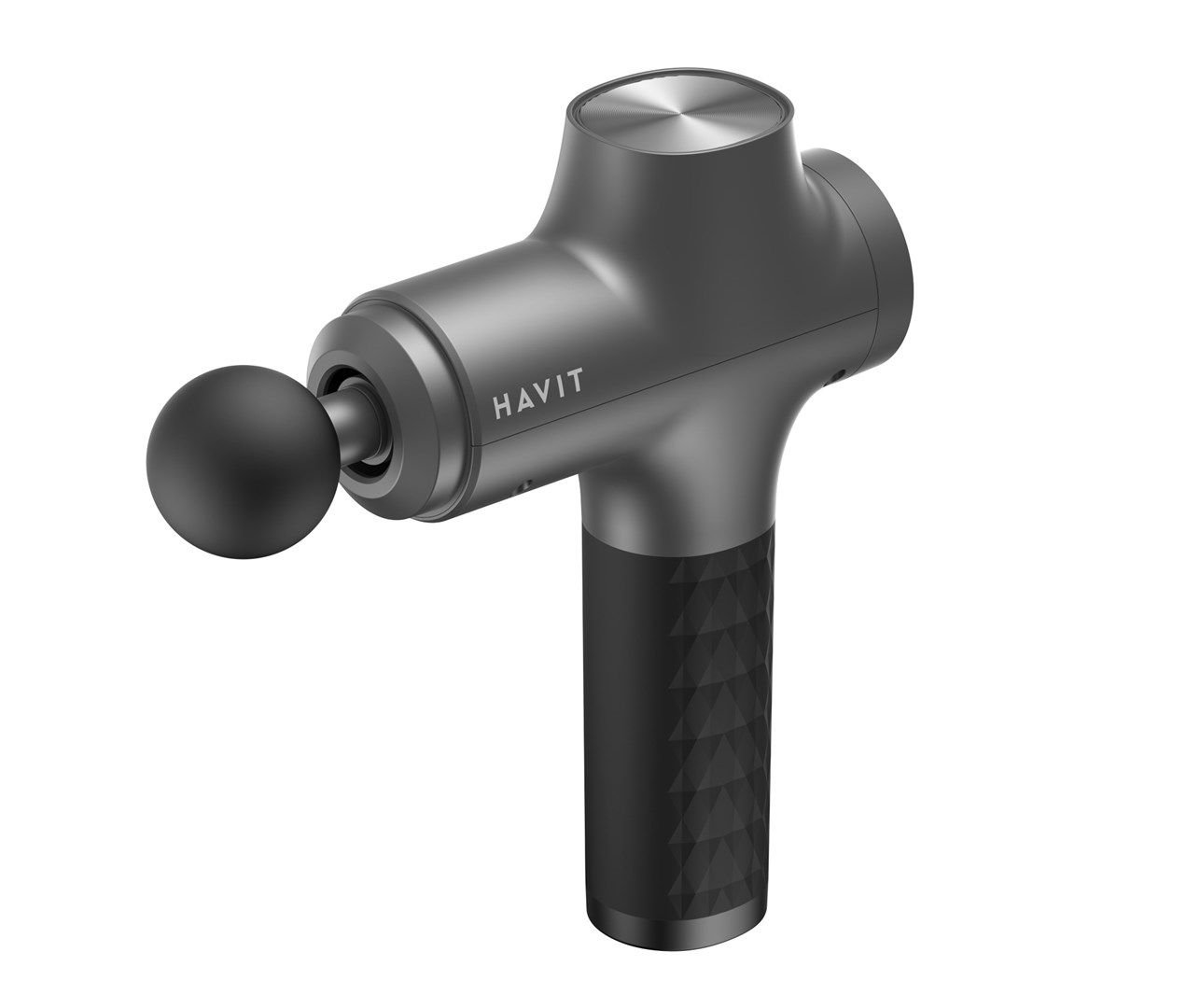 Szary pistolet do masażu HAVIT z czarną kulistą głowicą. Uchwyt jest czarny z teksturowanym uchwytem.