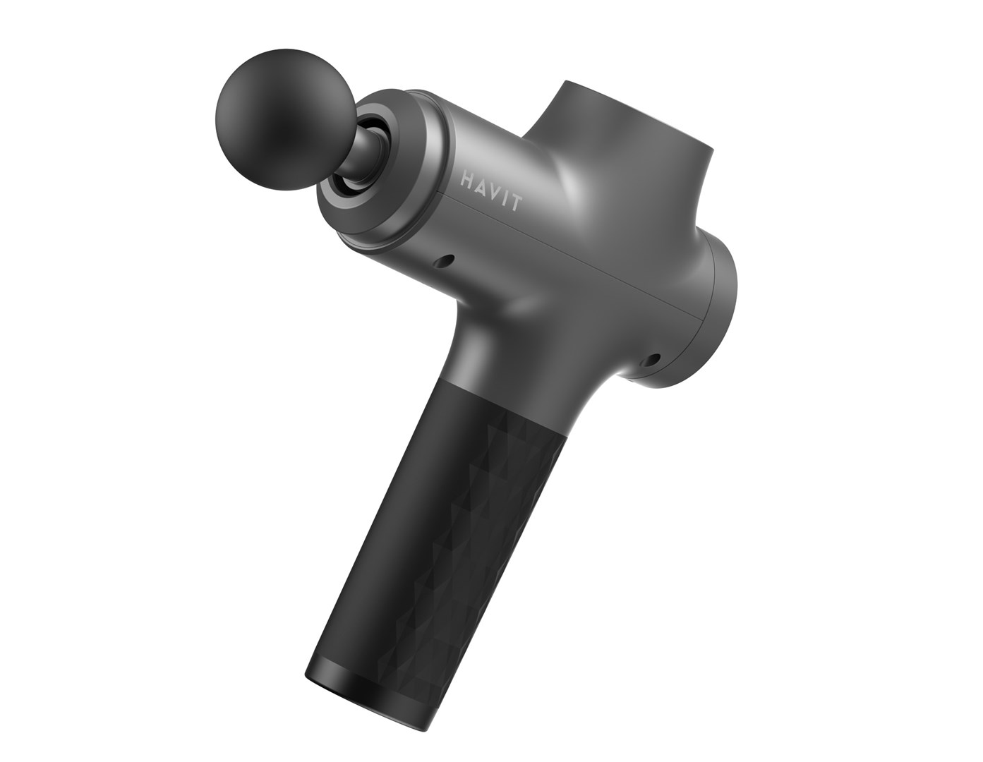 Szary pistolet do masażu HAVIT z czarnym uchwytem i okrągłą czarną głowicą. Tło jest białe.
