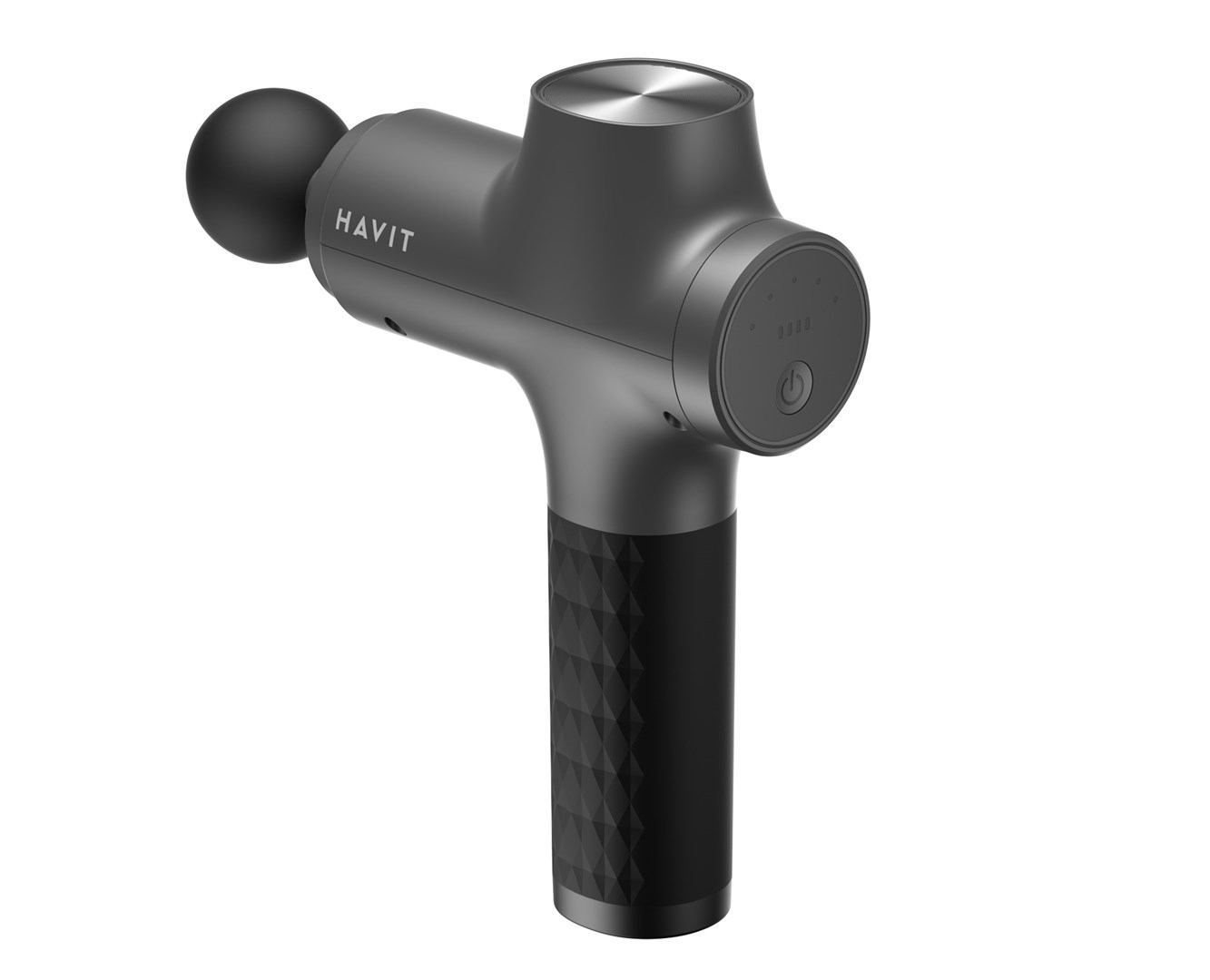 Szary i czarny pistolet do masażu HAVIT. Ma zaokrągloną głowicę, korpus w kształcie litery T i wzorzysty uchwyt. Jest przycisk zasilania.