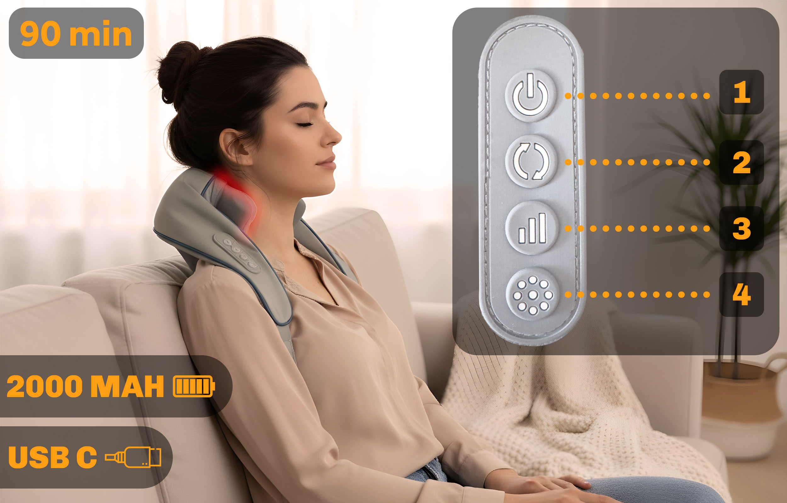 Kobieta używa masażera szyi. Funkcje obejmują przyciski, wskaźnik baterii i port USB-C. Masaż trwa 90 minut.
