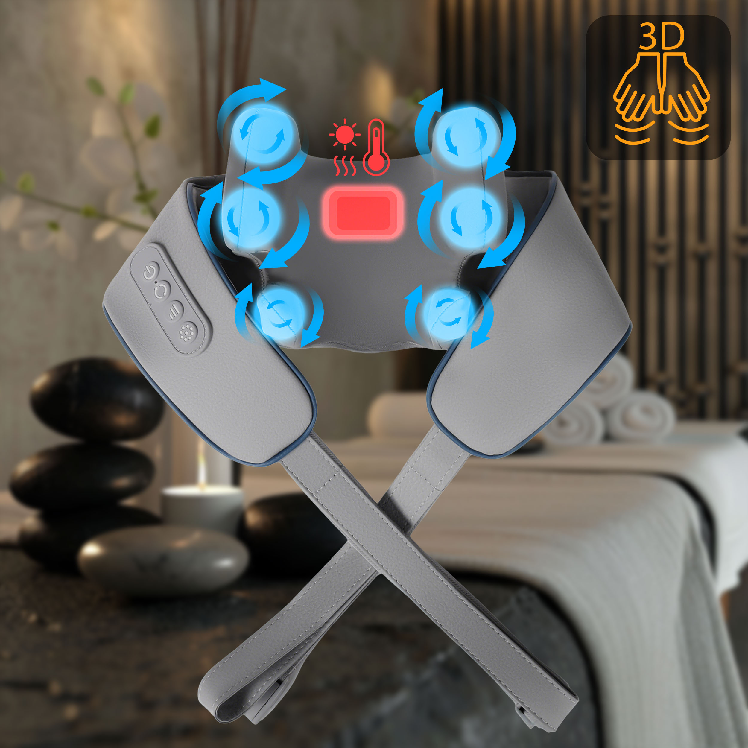 Szary masażer karku ze strzałkami, termometrem i ikoną słońca jest wyświetlany na tle przypominającym spa.