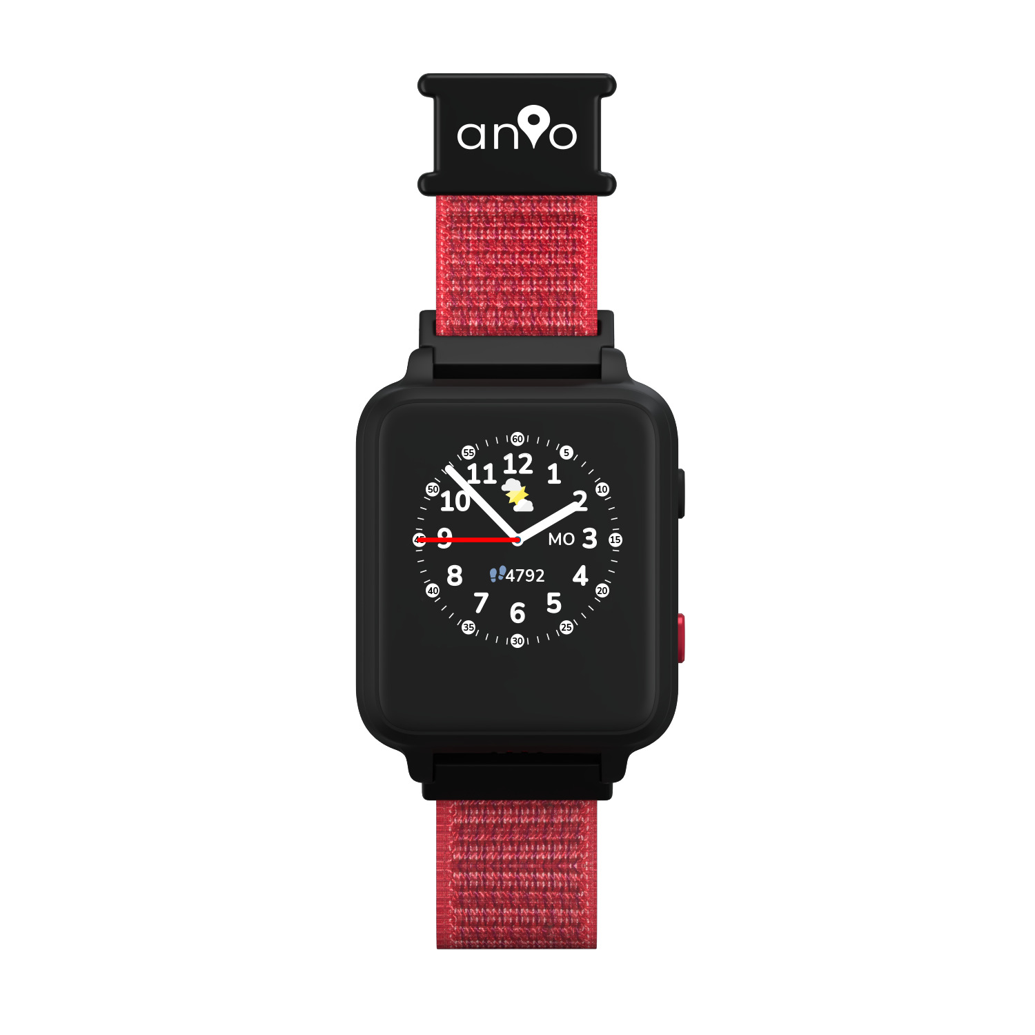 Eine schwarze Smartwatch mit rotem Armband. Das Zifferblatt zeigt die Uhrzeit an. Der Markenname 'an o' steht auf dem oberen Armband.