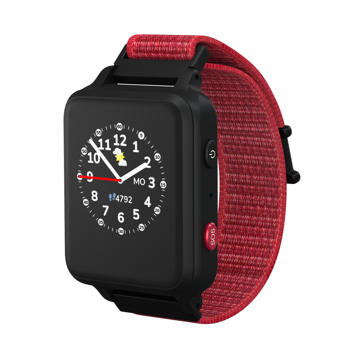 Eine schwarze Smartwatch mit rotem Armband. Das Zifferblatt zeigt die Uhrzeit und ein Blitzsymbol. Ein SOS-Knopf ist sichtbar.