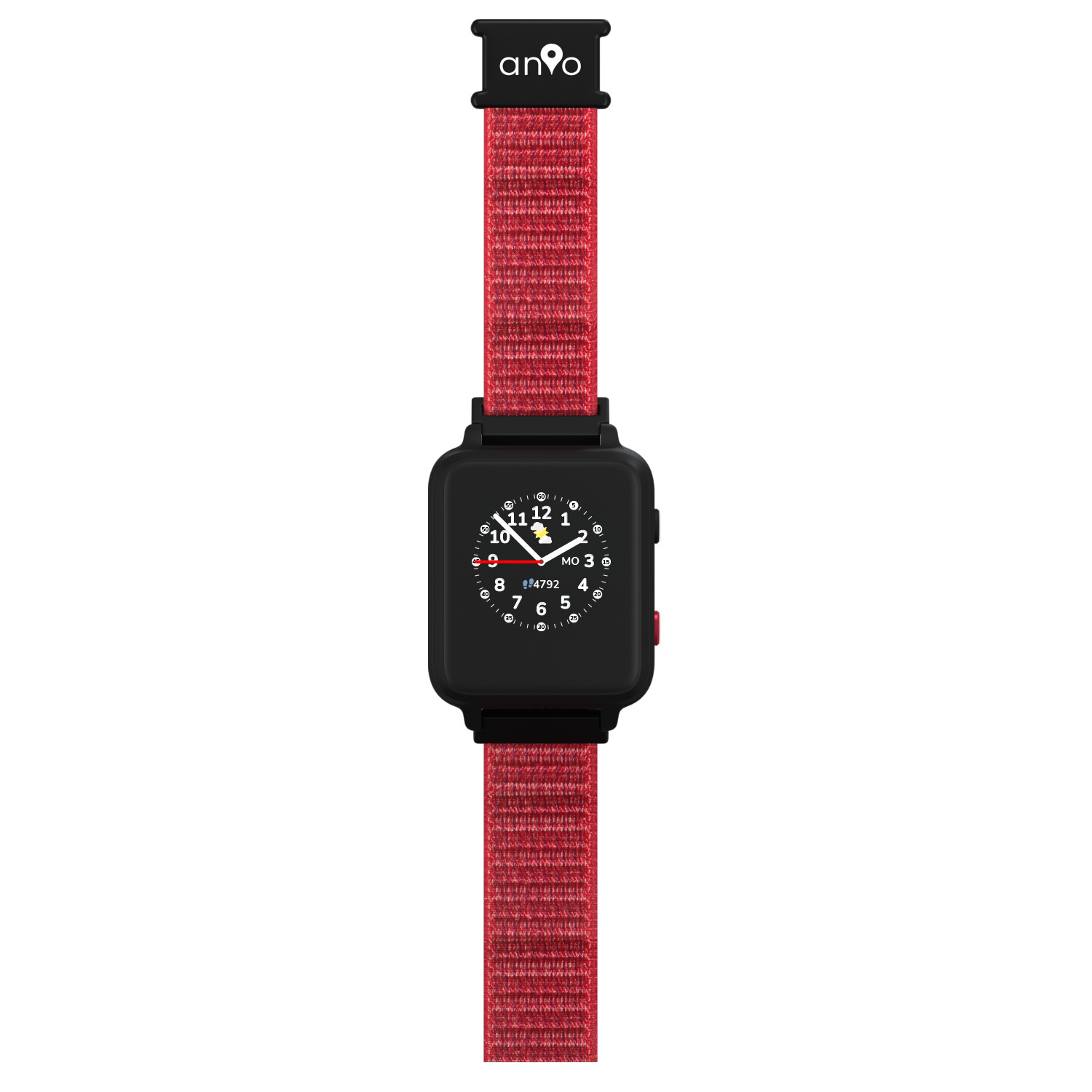 Eine schwarze Smartwatch mit rotem Armband. Das Zifferblatt zeigt die Uhrzeit an. Das Band hat das Logo "an9o" oben.