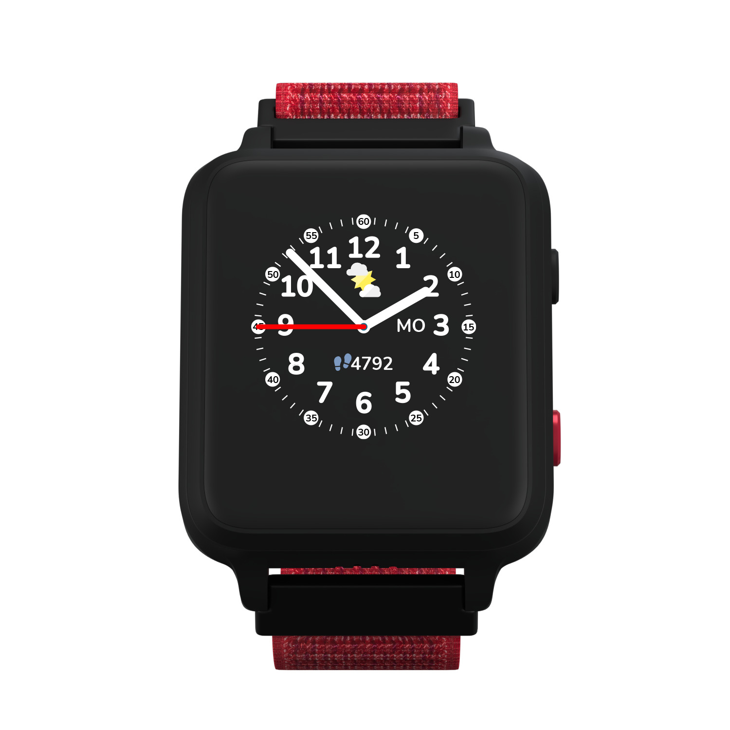 Eine schwarze Smartwatch mit rotem Armband. Das Zifferblatt zeigt Uhrzeit, Datum und Wettersymbol.