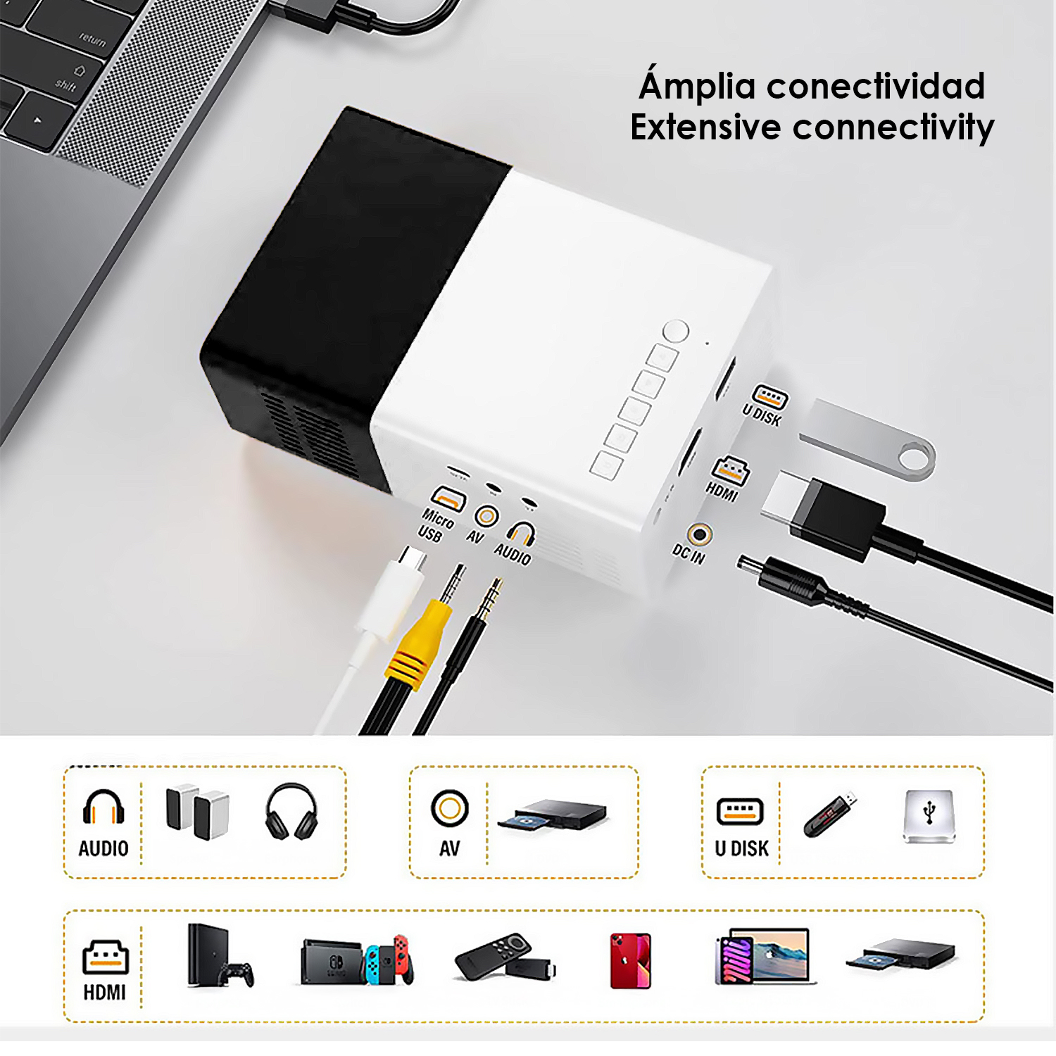 Un dispositivo bianco e nero con più porte è collegato a un laptop e ad altri dispositivi, tra cui una chiavetta USB e cavi.
