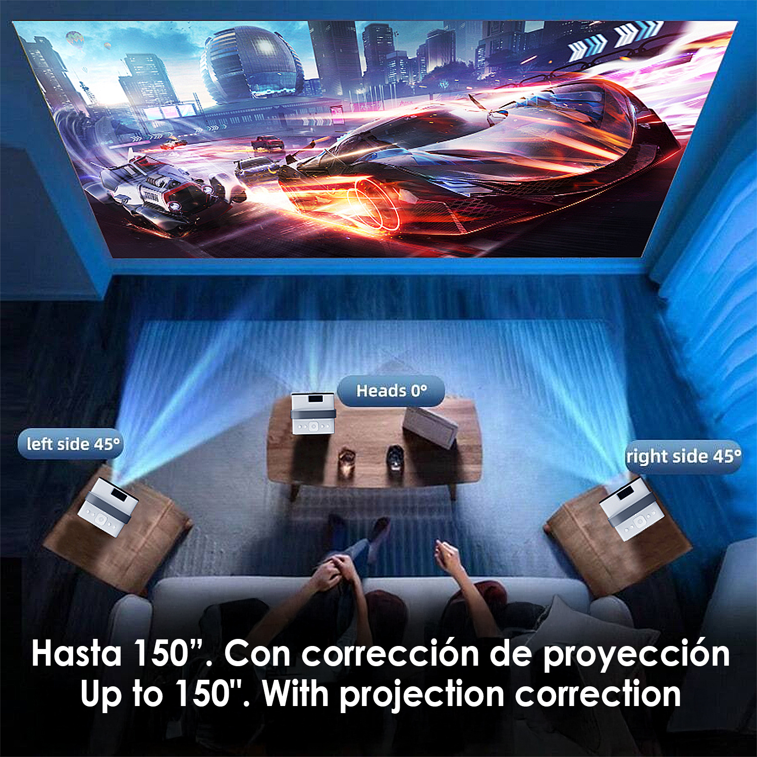 Un proyector muestra una escena de carreras futurista en el techo. La gente está sentada en un sofá. Los altavoces están a los lados.
