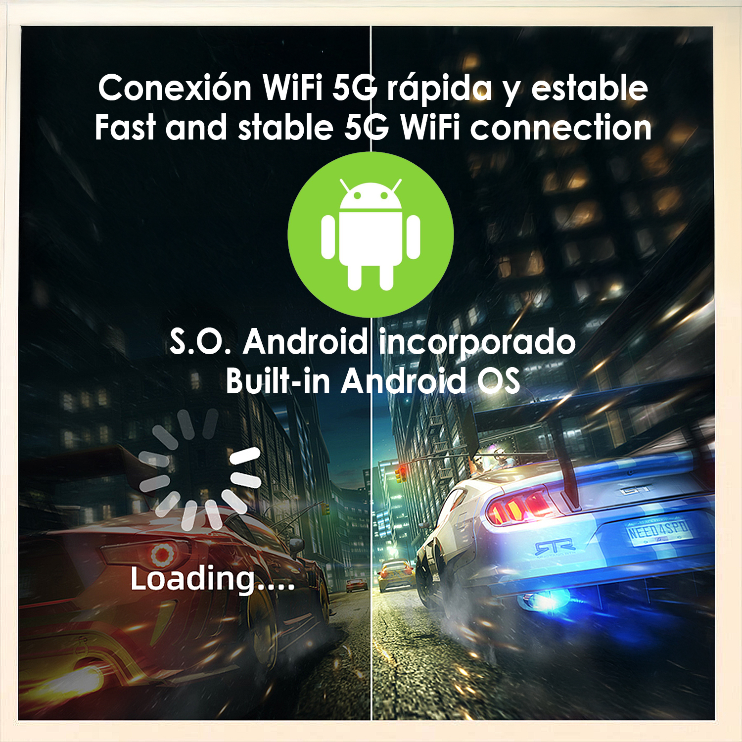 La imagen muestra una escena de carreras de coches. Incluye texto sobre conexión WiFi 5G, Android OS y carga. Hay un logo de Android verde.