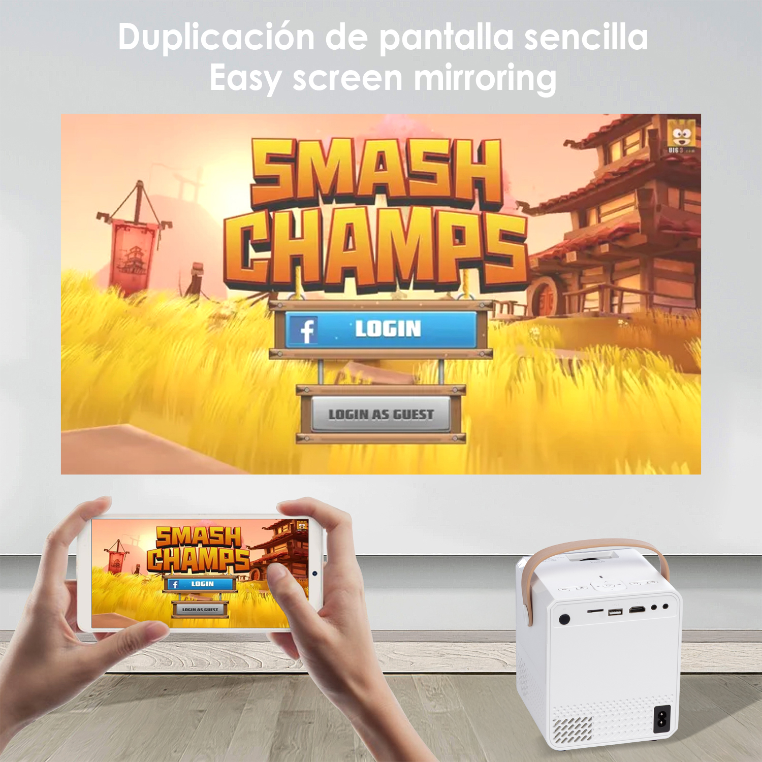 Manos sosteniendo un teléfono que refleja una pantalla de juego. Un proyector muestra el mismo juego. El juego es Smash Champs con opciones de inicio de sesión.