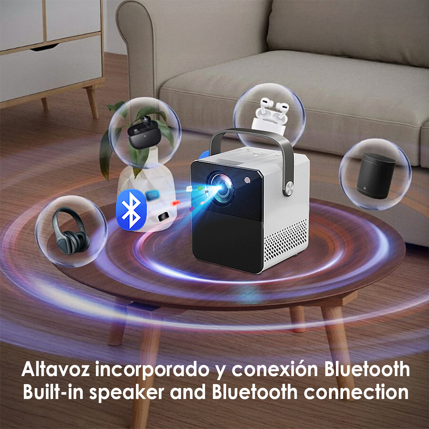 Un proyector blanco y negro sobre una mesa, con accesorios Bluetooth alrededor. Texto: 'Altavoz integrado y conexión Bluetooth'.