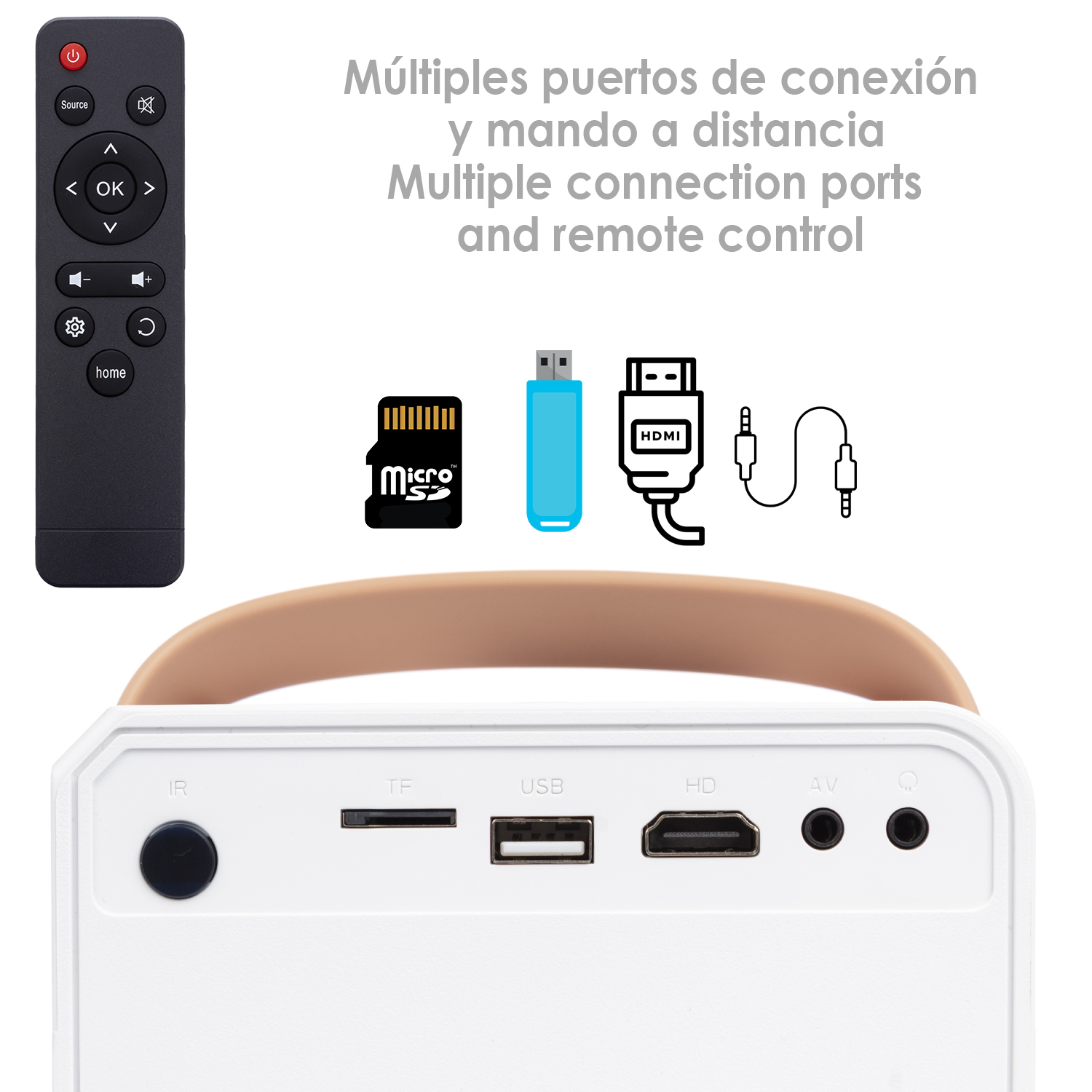 Un proyector blanco con puertos de conexión, un mando a distancia y un asa. Los puertos incluyen USB, HDMI y audio. Se muestra una MicroSD y una unidad USB.